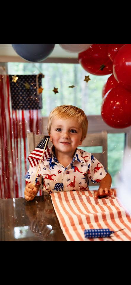 Toddler wearing a dinosaur print button-down shirt holding a small American flag with patriotic decorations.
