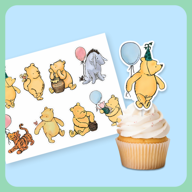 Winnie the Pooh Cupcake Toppers_main image Classic Winnie The Pooh Blue Balloons Cupcake Toppers