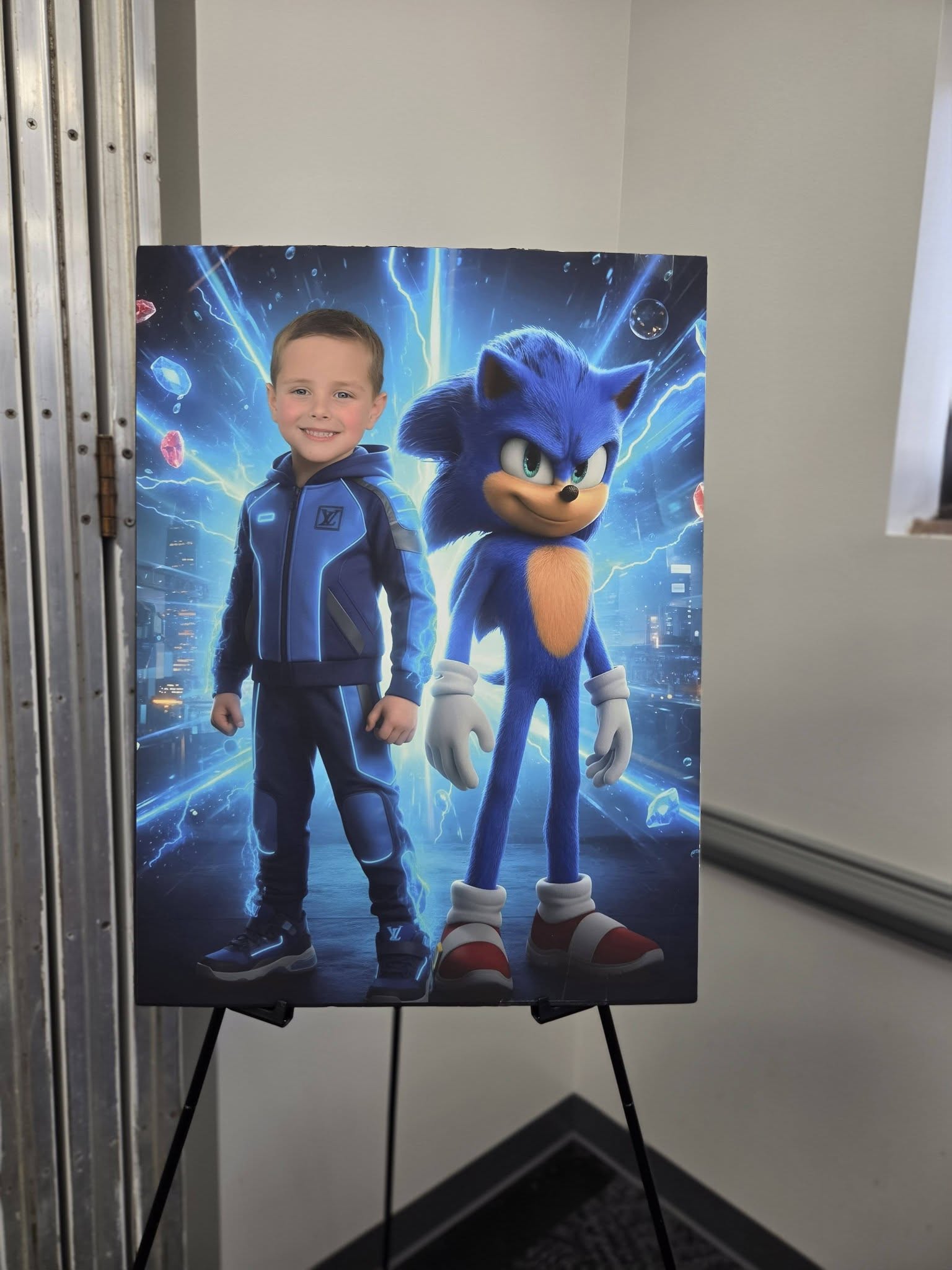 Custom portrait of a young boy posing next to Sonic the Hedgehog on an easel
