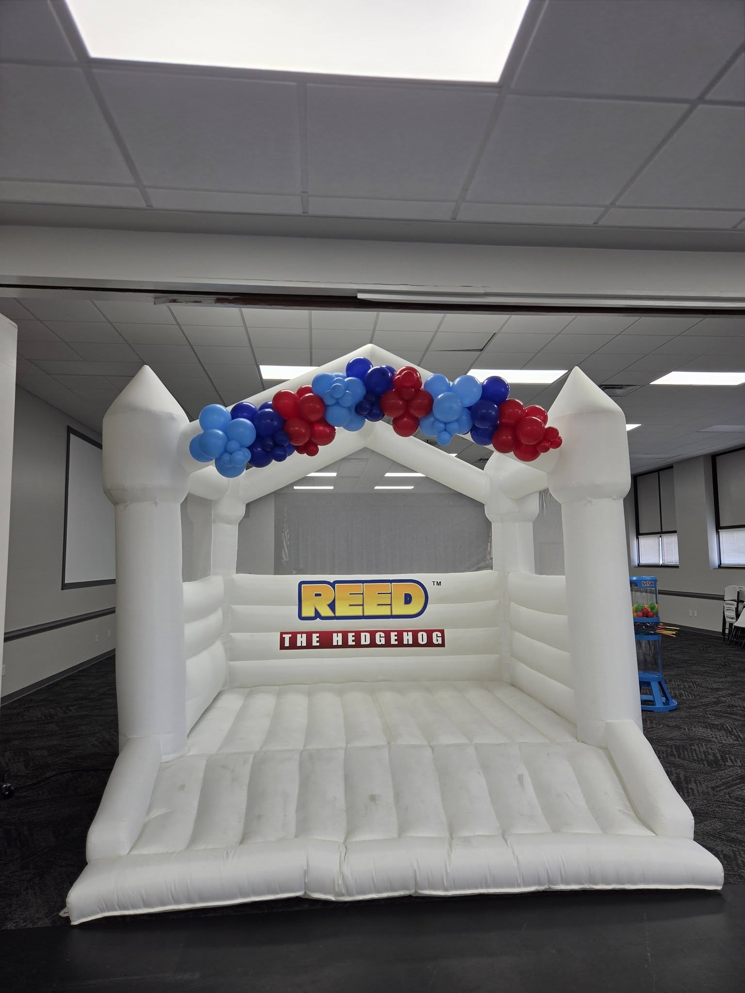 White inflatable bounce house branded with Reed The Hedgehog and decorated with red and blue balloons