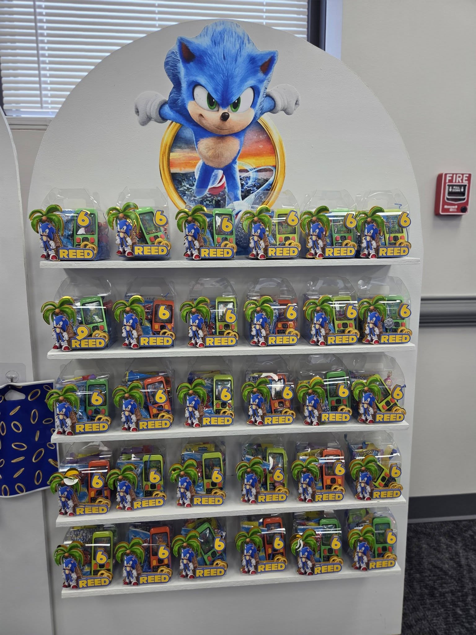 Retail display shelf featuring multiple packaged Sonic the Hedgehog toy sets labeled with the name Reed.