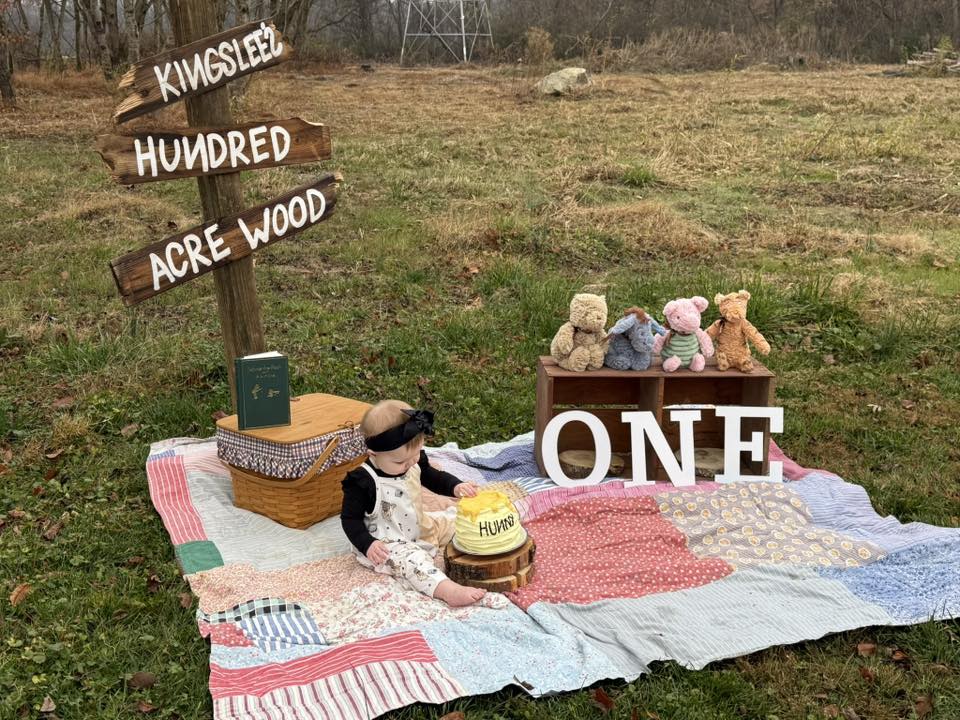 First birthday photoshoot with a Winnie the Pooh Thousand Acre Wood theme and a baby with a Hunny cake.