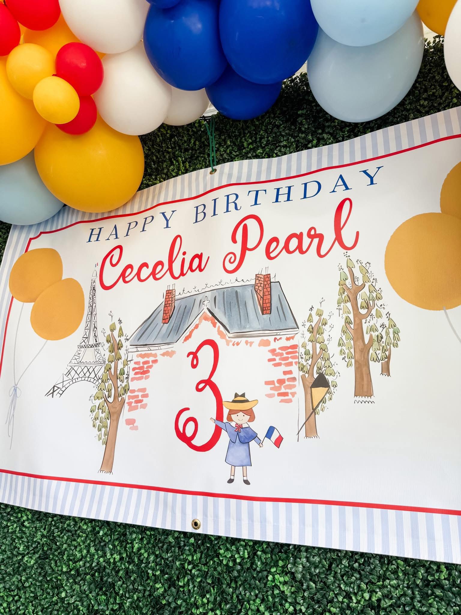 Paris-themed third birthday banner personalized for Cecelia Pearl featuring illustrations of the Eiffel Tower.