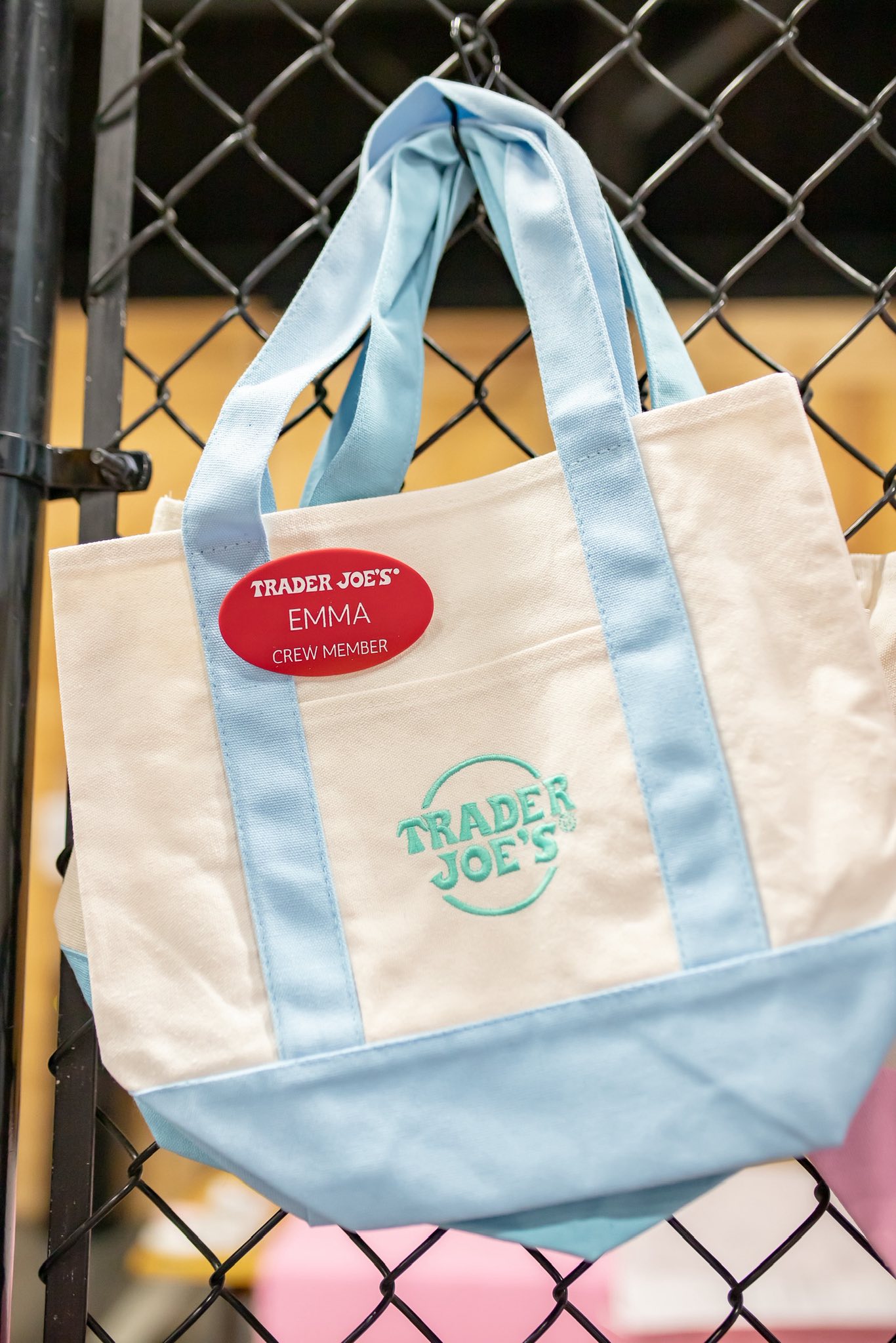 Mini canvas tote bag with light blue straps and embroidered Trader Joe's logo, featuring a crew member nametag.