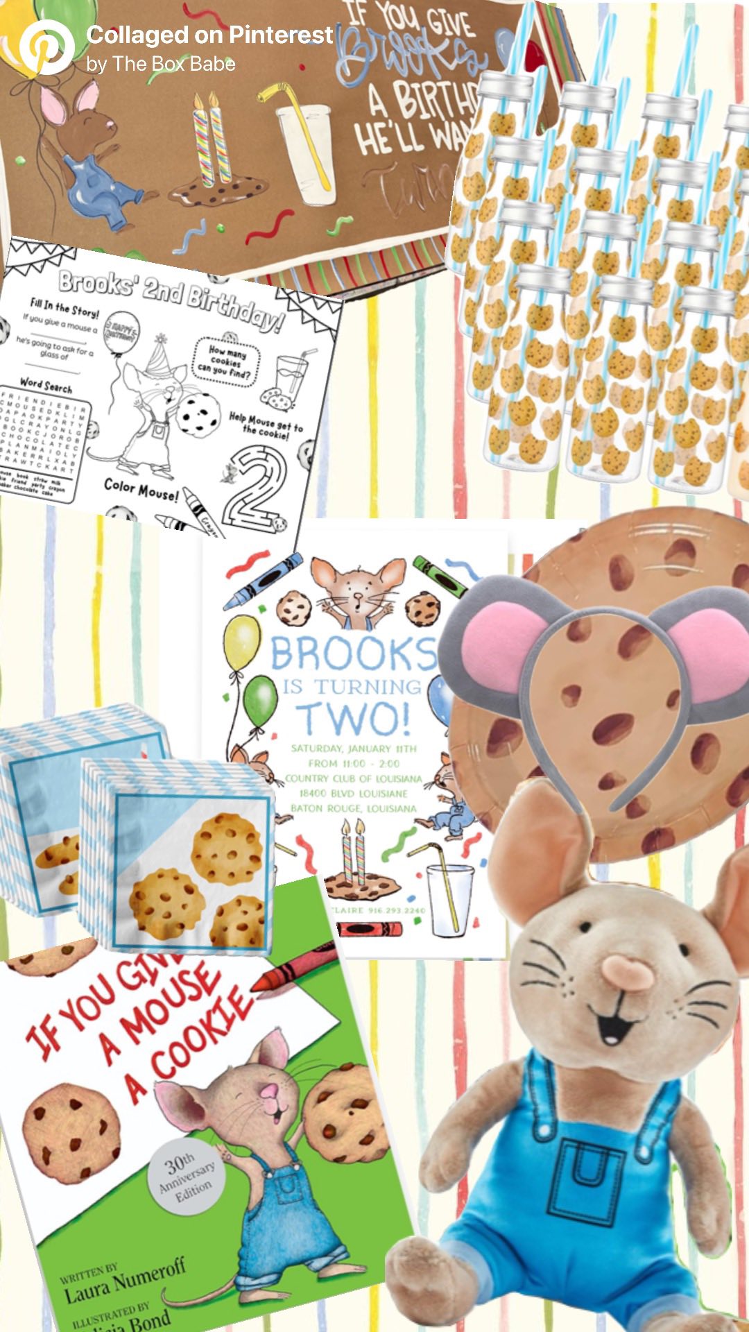 Collage of If You Give a Mouse a Cookie themed birthday party decorations including invitations and plush toy