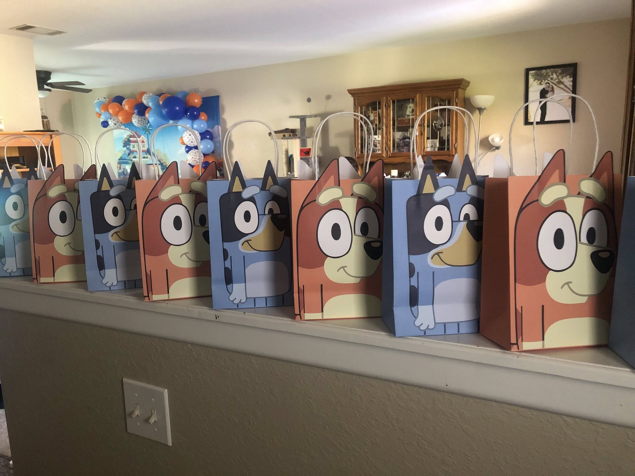 Row of Bluey and Bingo themed party favor bags displayed on a shelf.