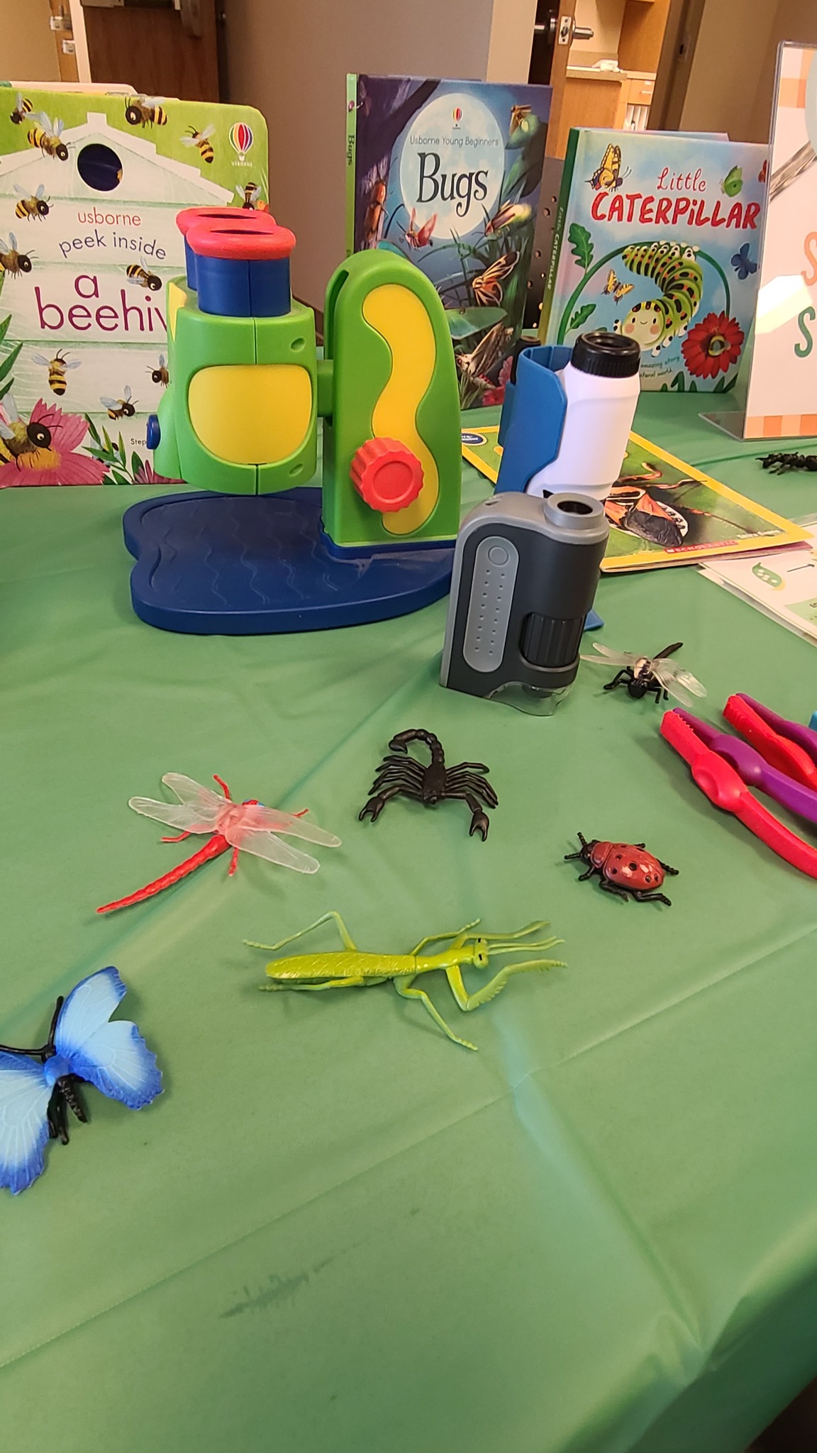 Toy microscopes and plastic bug figurines displayed on a green table with nature books