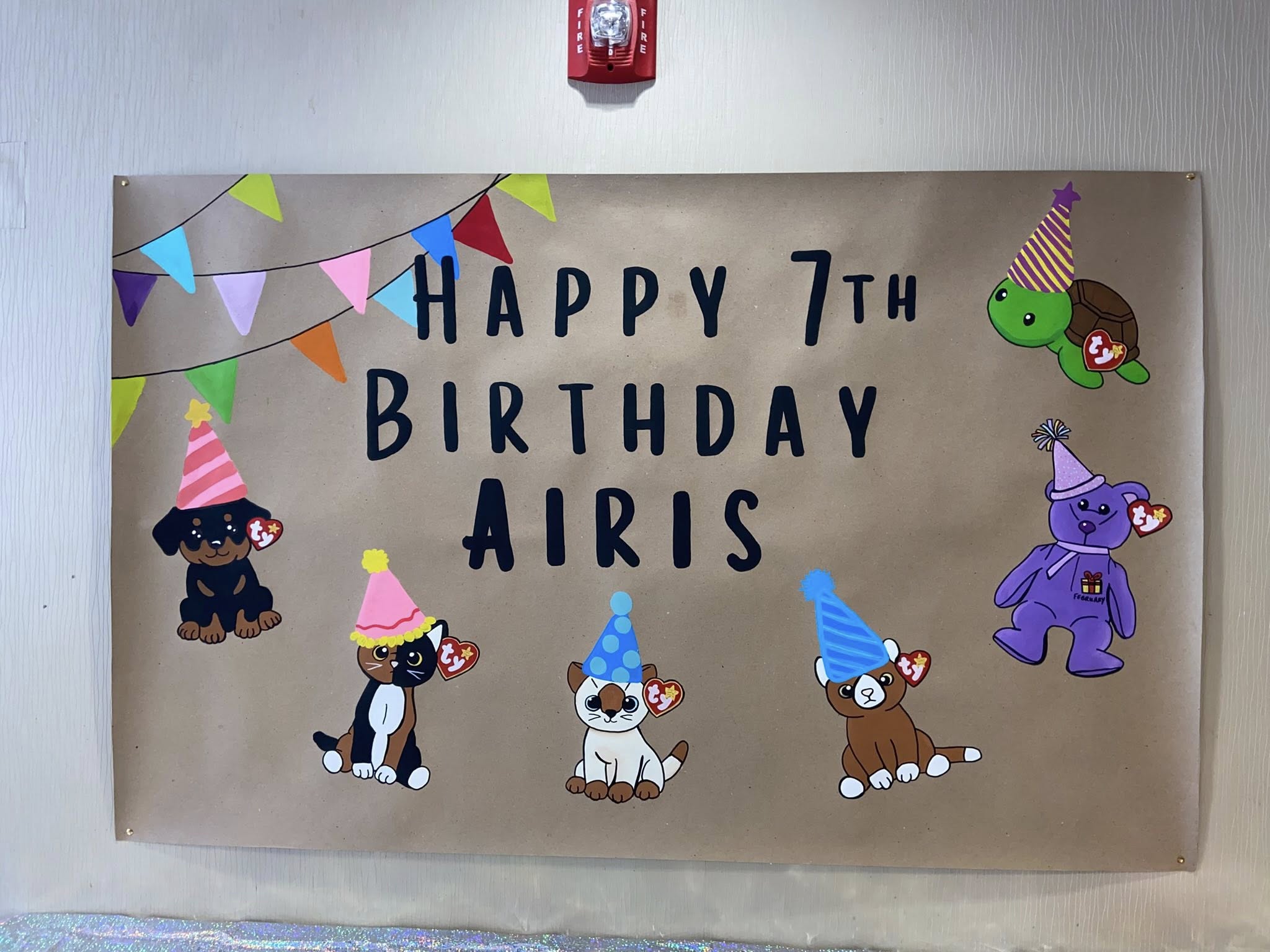 Handmade Happy 7th Birthday Airis sign featuring colorful Ty Beanie Baby style cartoons wearing party hats.