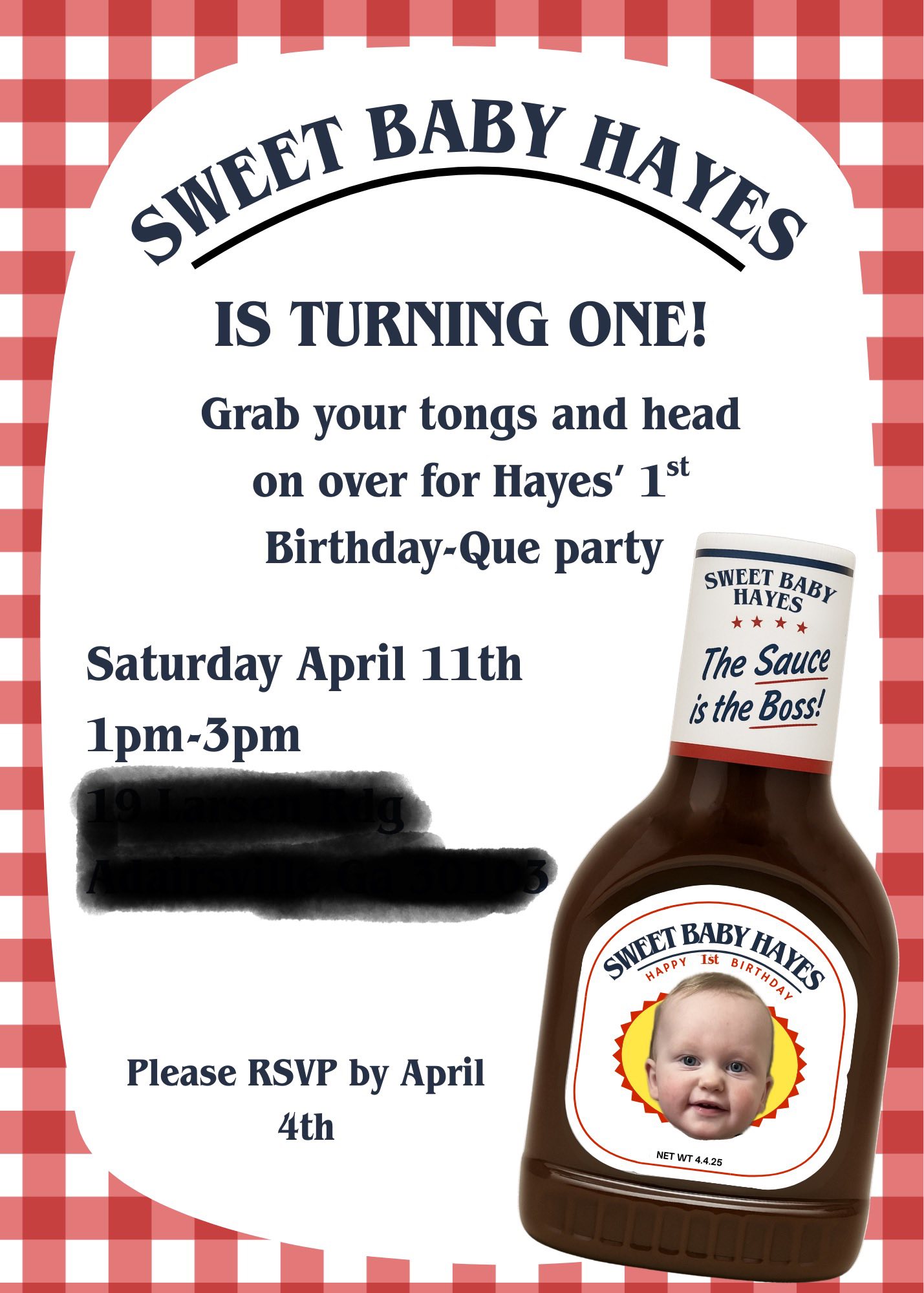 Invitation for Sweet Baby Hayes' 1st Birthday-Que party featuring a BBQ sauce bottle with a baby's photo.