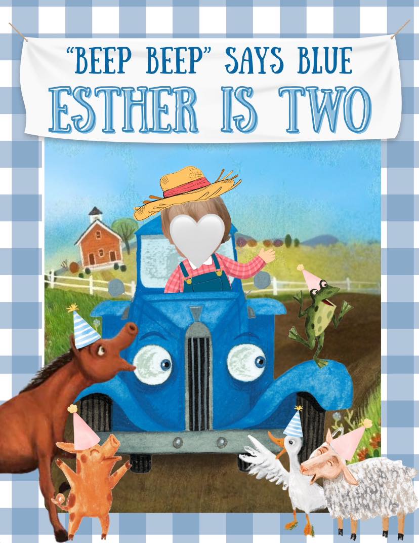 Customizable birthday banner featuring farm animals and a blue truck with a blank face cutout for a second birthday.