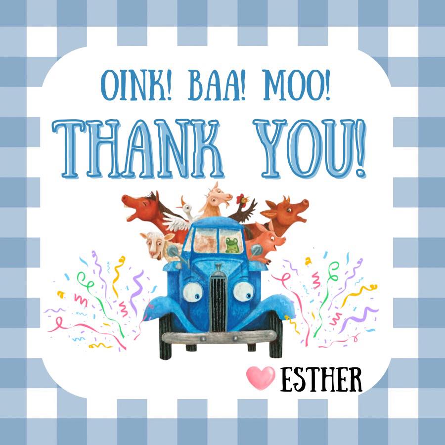 Thank you favor tag featuring a blue truck filled with farm animals, blue gingham border, and personalized text.