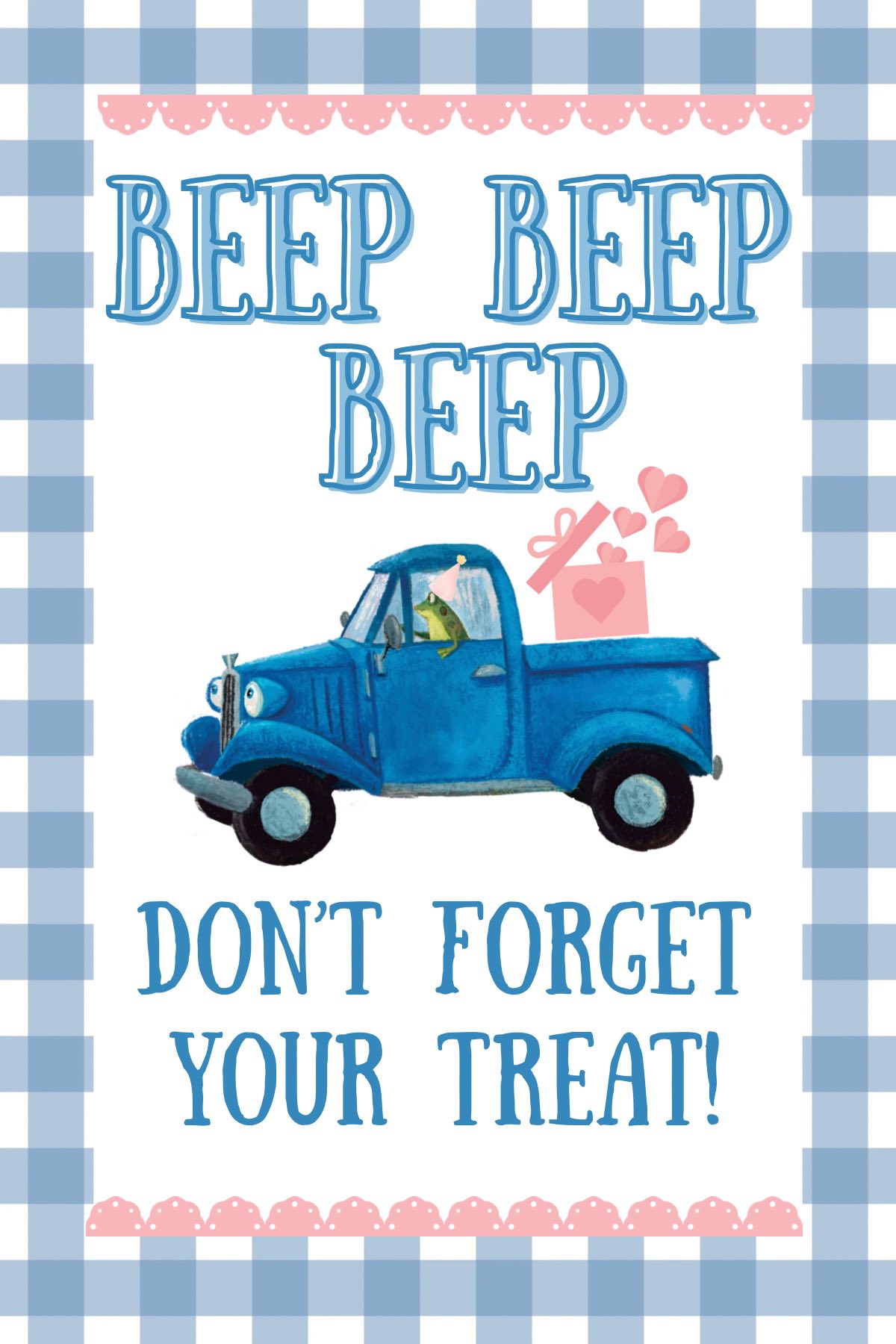 Birthday party sign with a blue truck driven by a frog wearing a party hat, carrying a gift with floating hearts.
