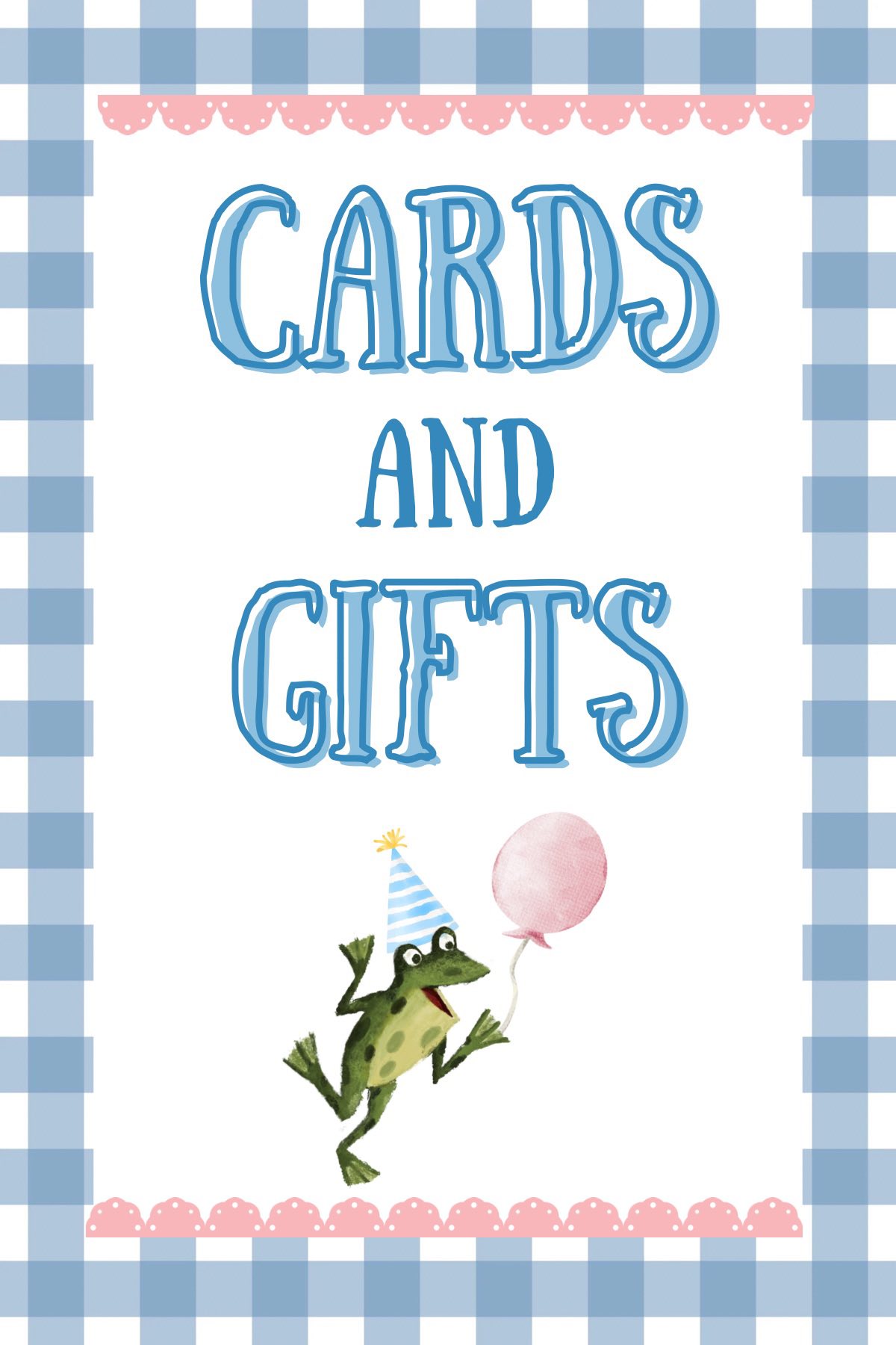 Cards and Gifts sign featuring a cartoon frog wearing a party hat and holding a pink balloon