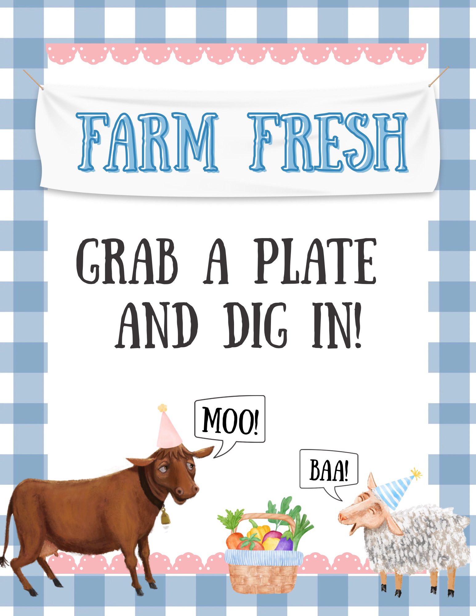Farm fresh party sign featuring a cow and sheep and text reading Farm Fresh Grab a plate and dig in.