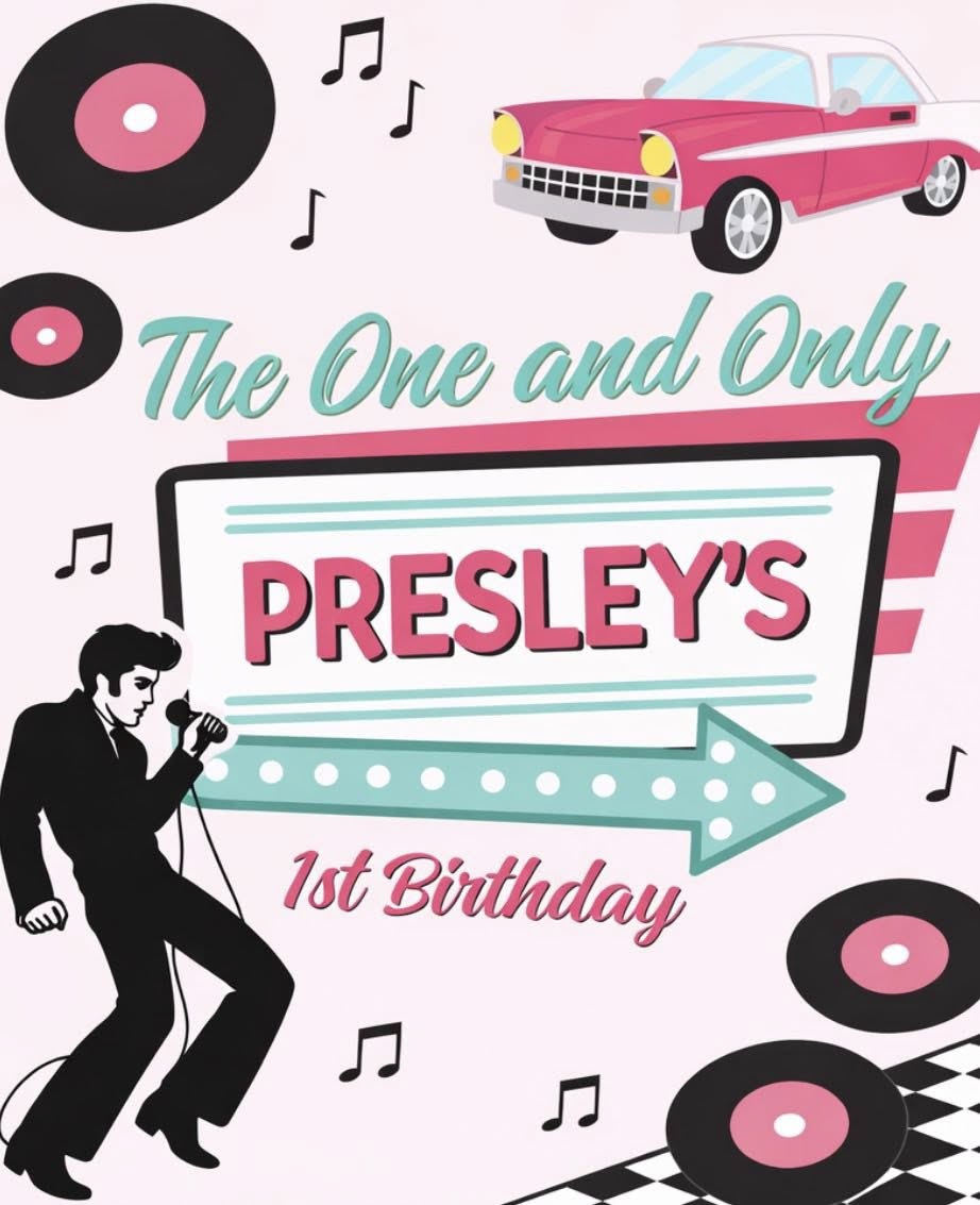 1950s rock and roll themed birthday invitation for Presley's 1st birthday with music notes and records.
