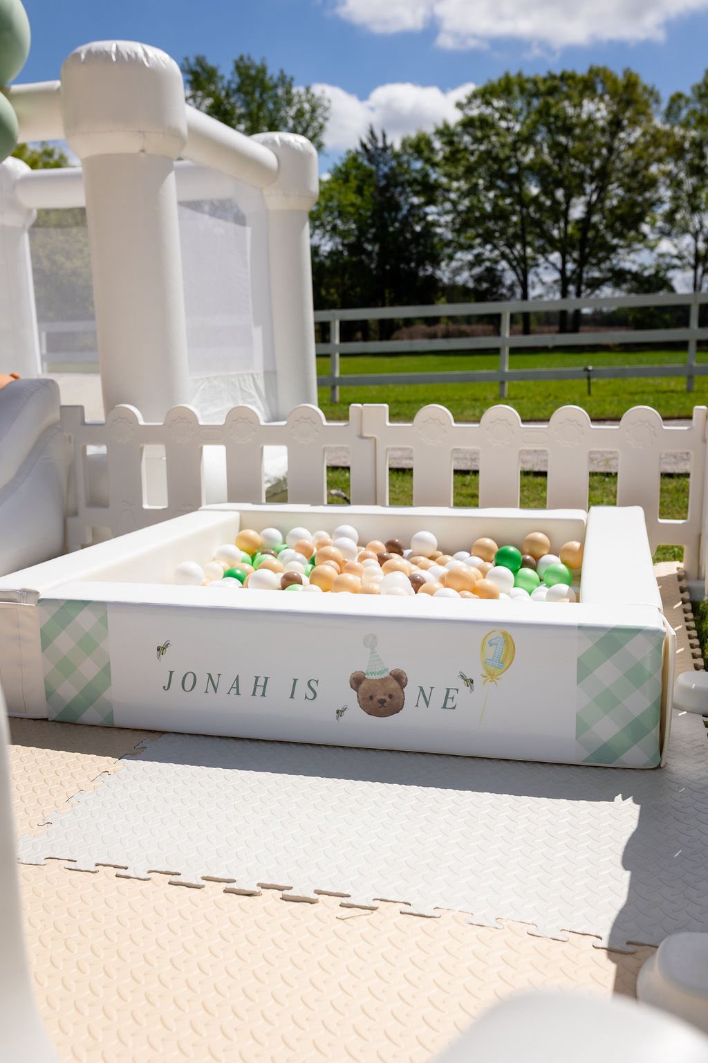Customized white ball pit for a first birthday party with green gingham accents, a teddy bear, and bees.