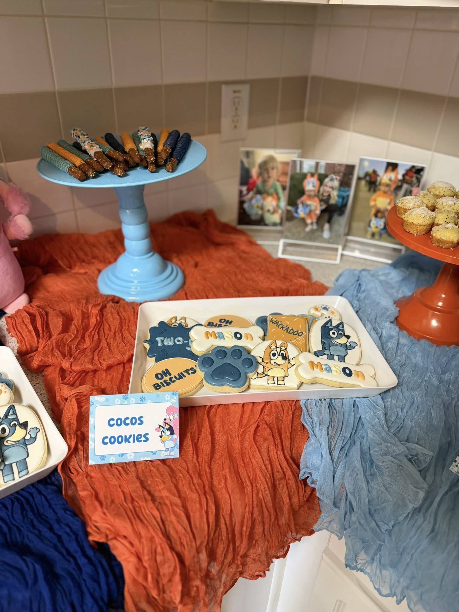 Tray of custom Bluey-themed decorated cookies for a birthday party with a Coco's Cookies sign.
