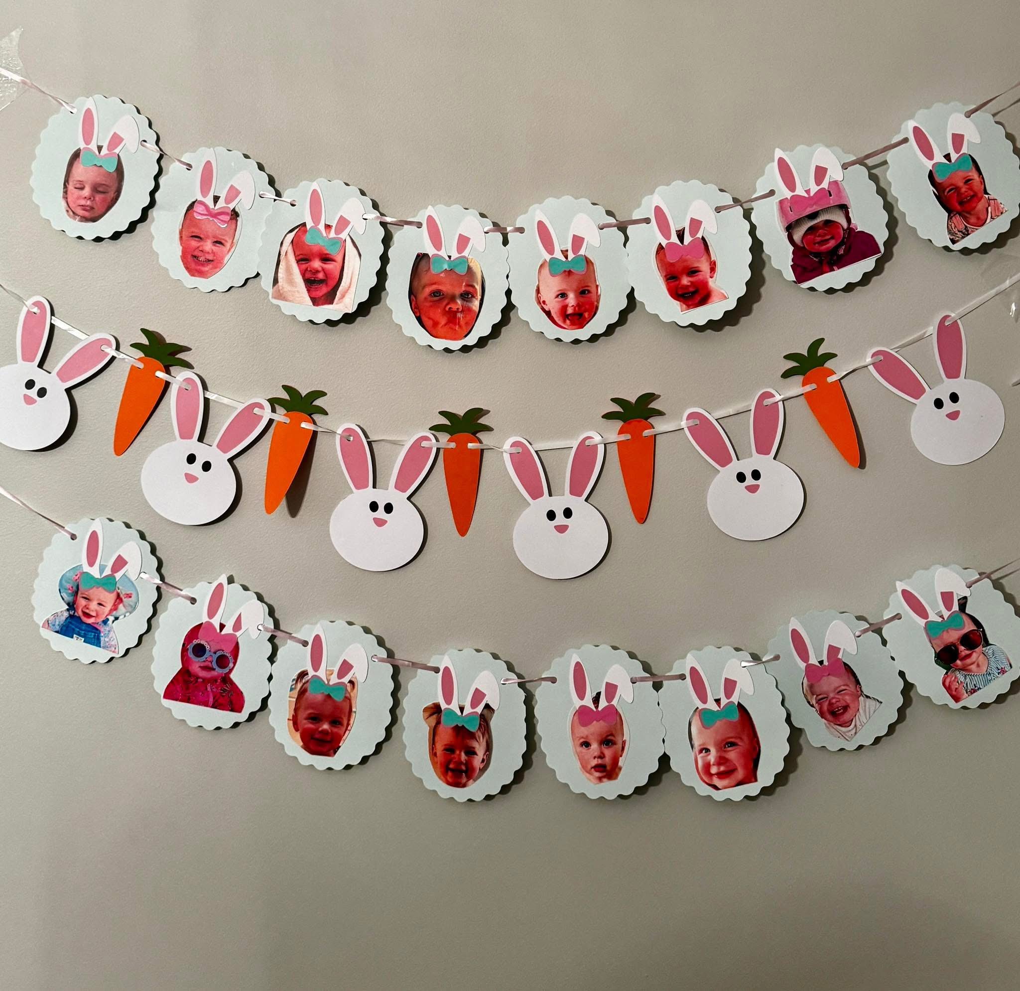 Easter banner set featuring custom photo circles with bunny ears, paper white bunnies, and carrot garland.