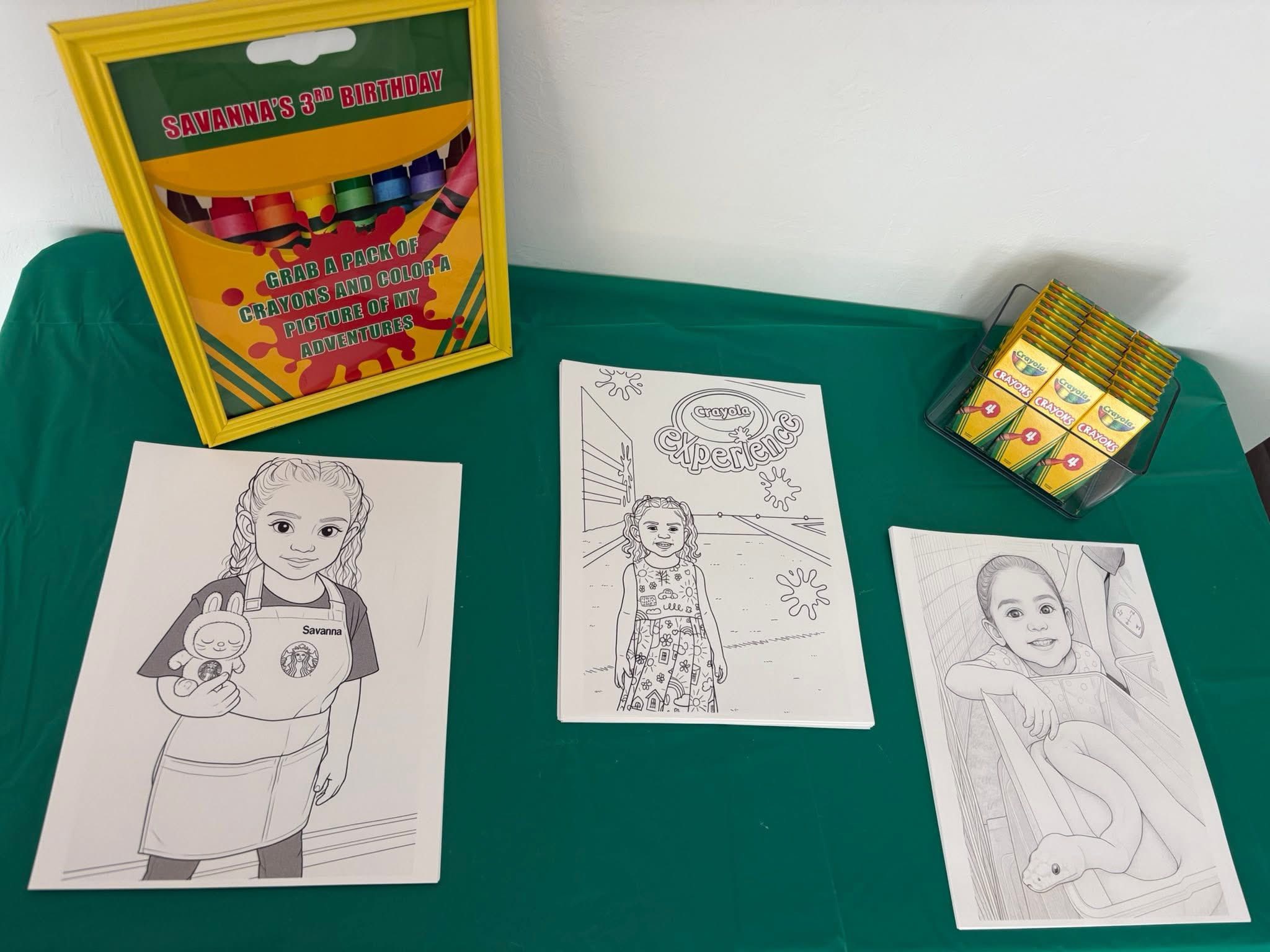 Custom coloring pages with crayons at a Savanna's 3rd birthday party coloring station.