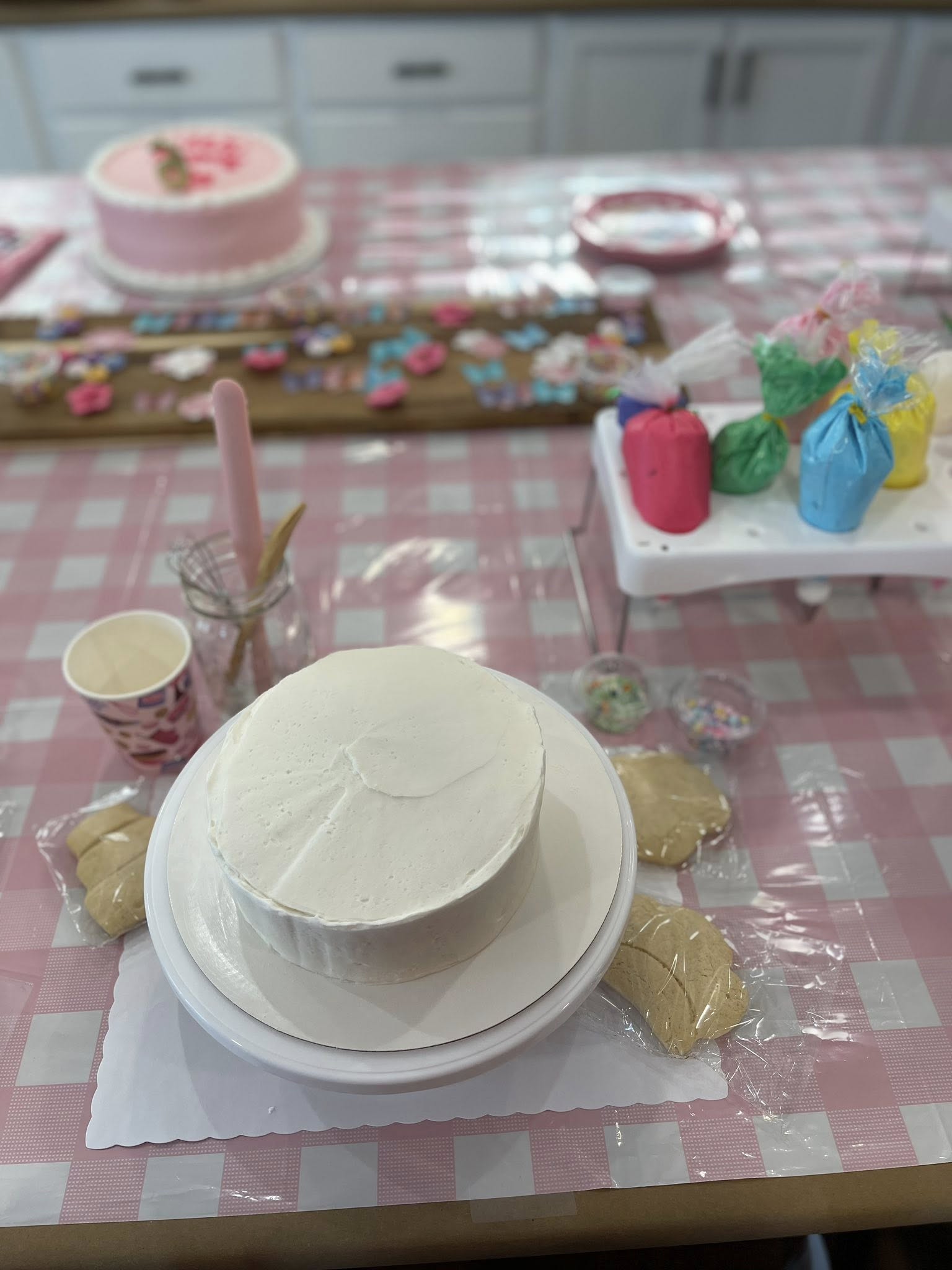 Cake decorating station with a frosted cake, piping bags, and sprinkles on a pink gingham tablecloth.