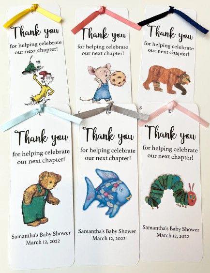 Set of six storybook-themed bookmarks with colorful ribbons reading Thank you for helping celebrate our next chapter.