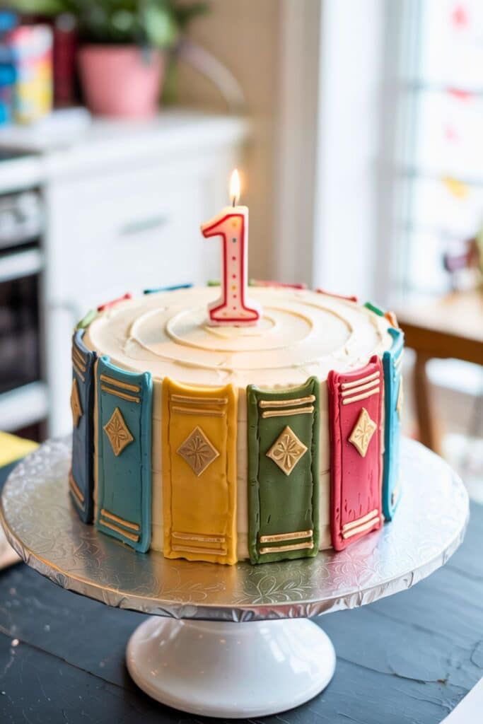 First birthday cake decorated with colorful fondant book spines and a number one candle on a silver stand.