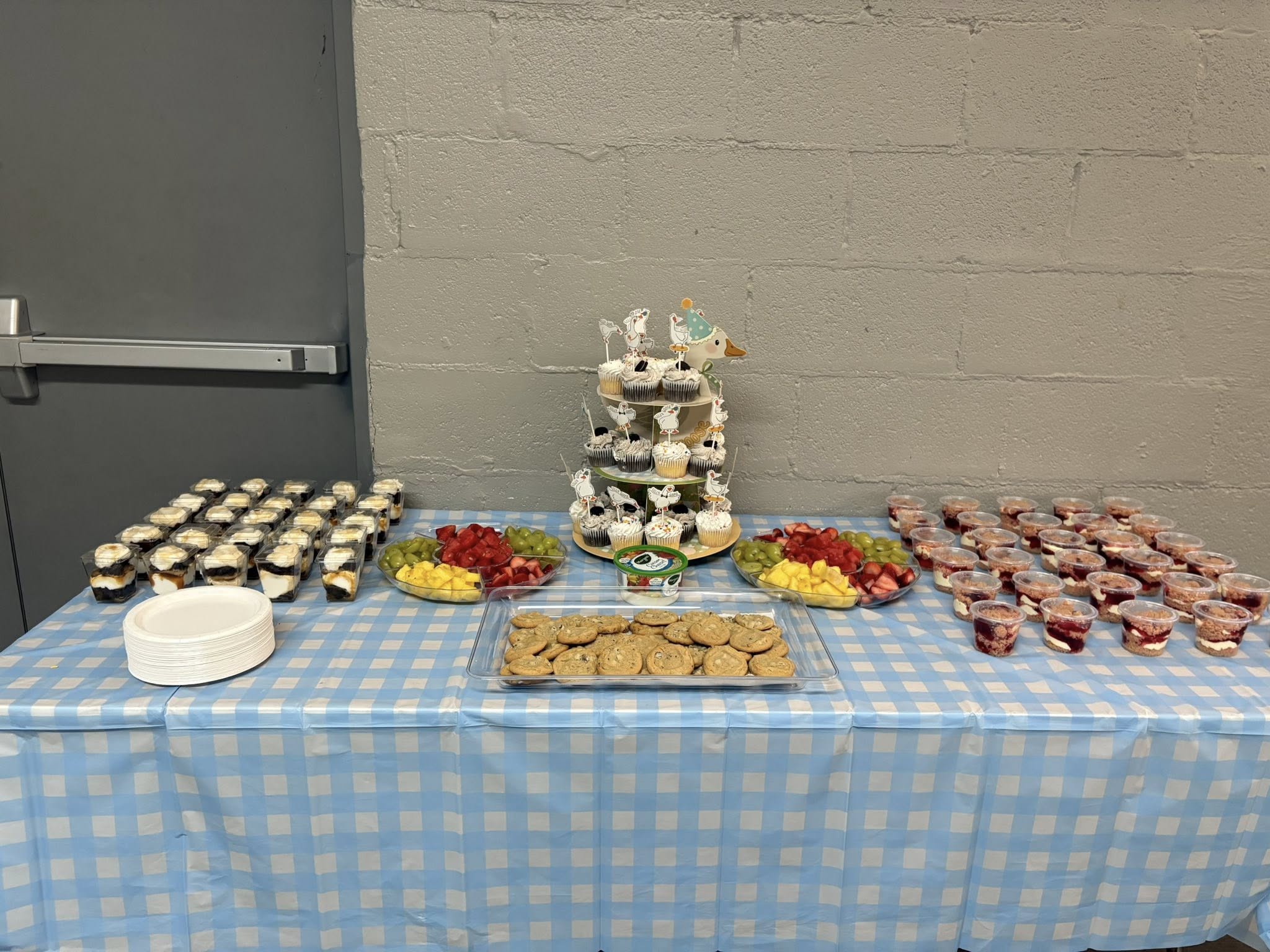 Table with desserts, fruit platters, cookies, and cupcakes for a party