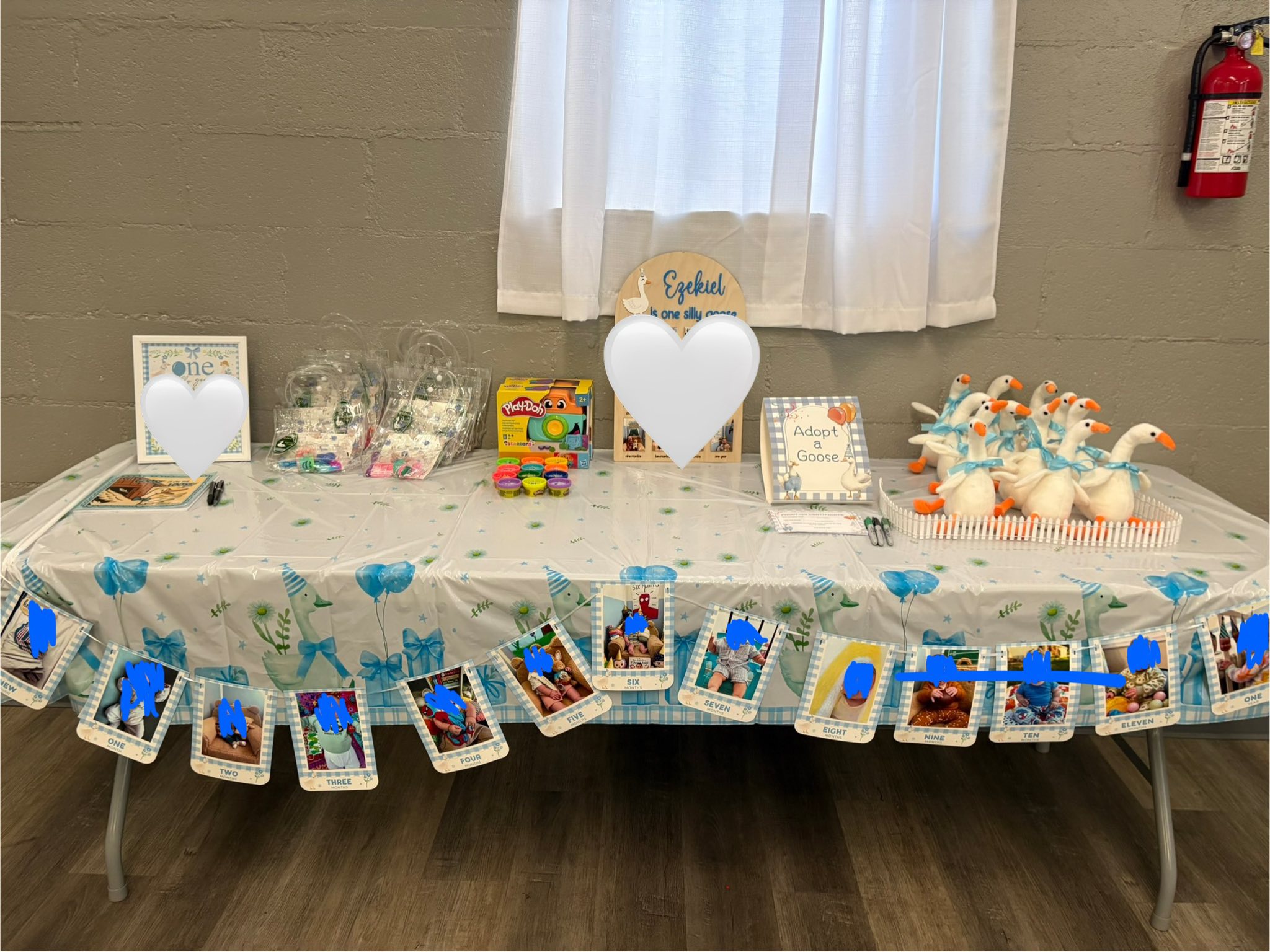 First birthday party table with a milestone photo banner, Adopt a Goose station, and party favors.