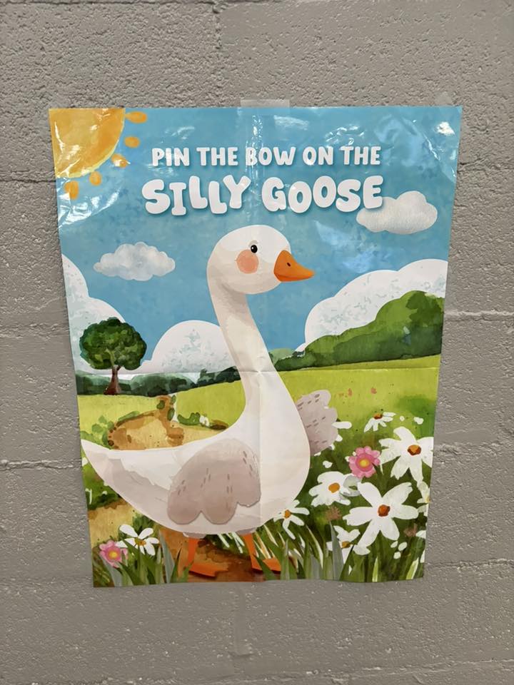 Pin the Bow on the Silly Goose party game poster with a cartoon goose in a meadow.