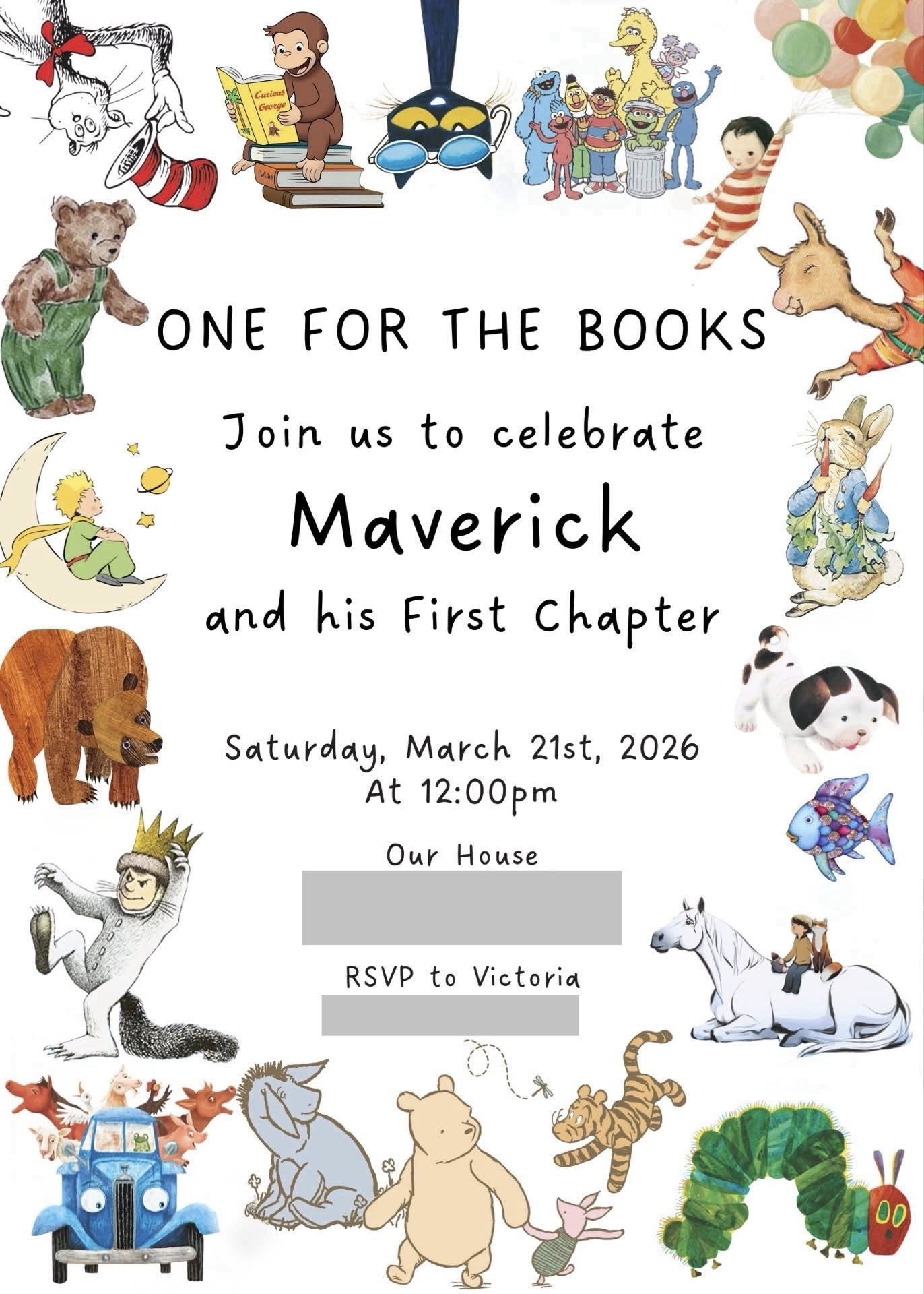 Storybook-themed first birthday invitation for Maverick on March 21st, 2026, featuring classic children's literature illustrations.