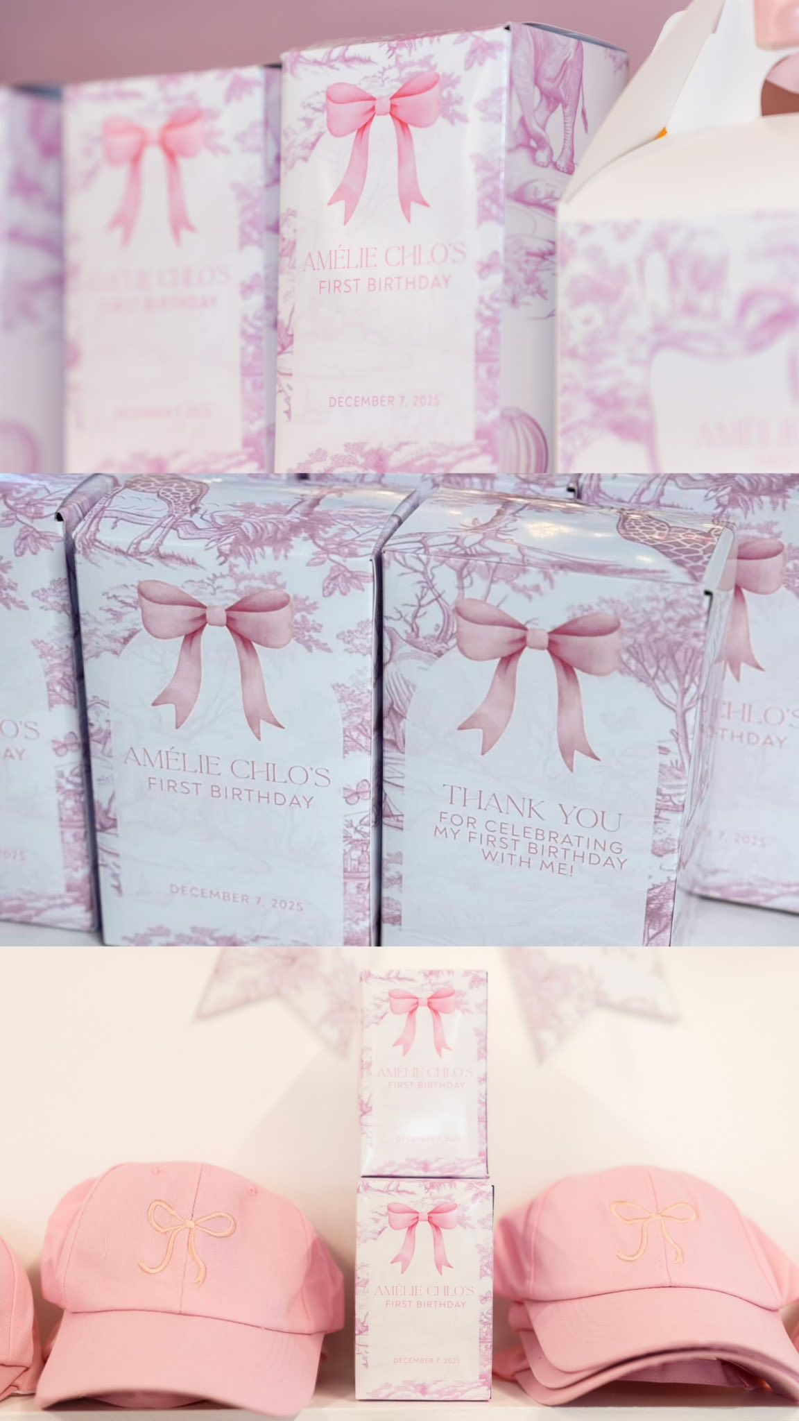 Custom pink toile birthday favor boxes and matching caps for Amélie Chlo's first birthday.