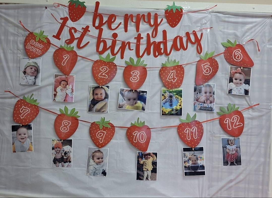 Berry first birthday photo banner with monthly milestone pictures of a baby.