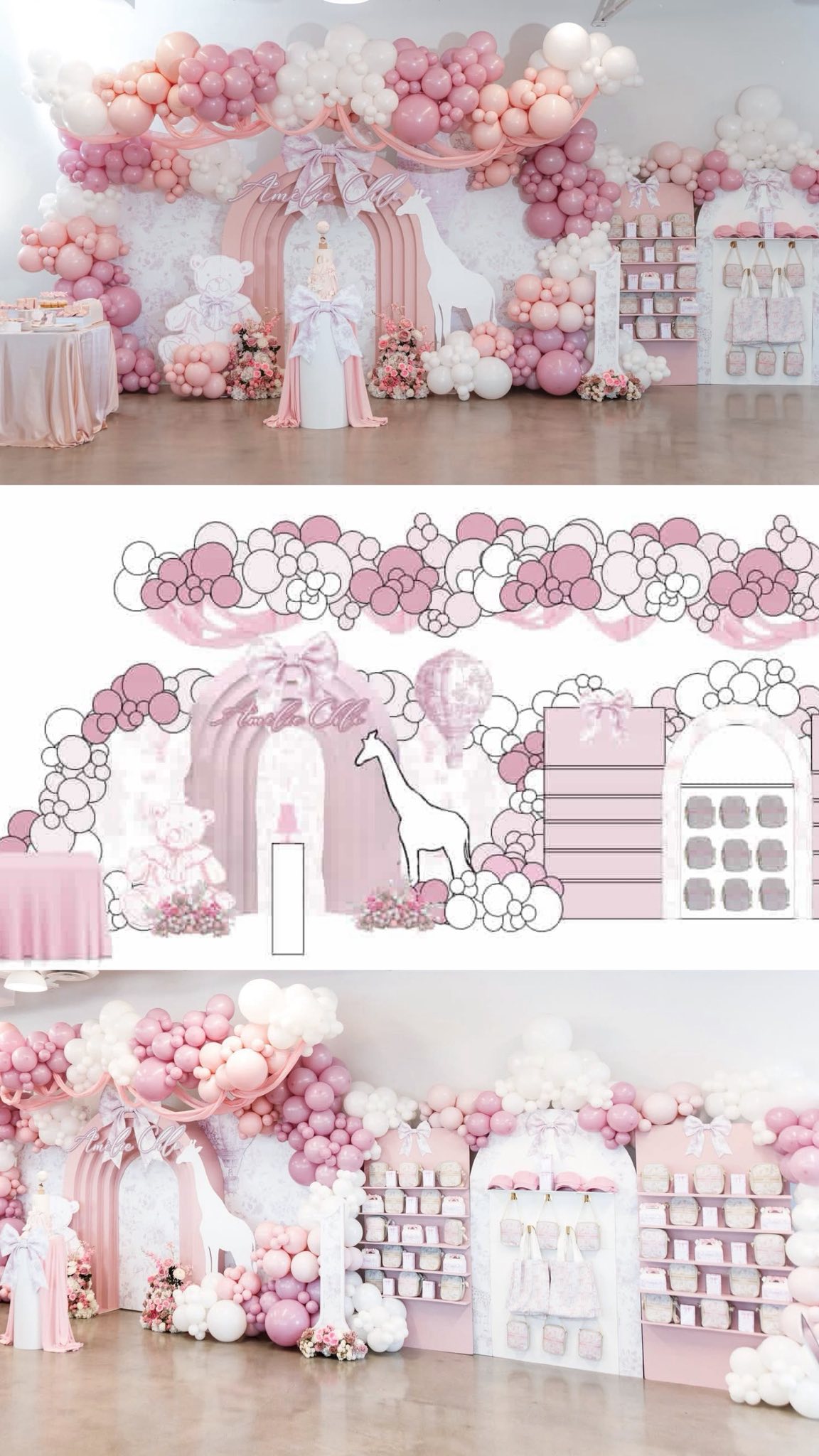 Boho baby shower party decoration with pink and white balloon arch, giraffe cutout, and customized display shelves.