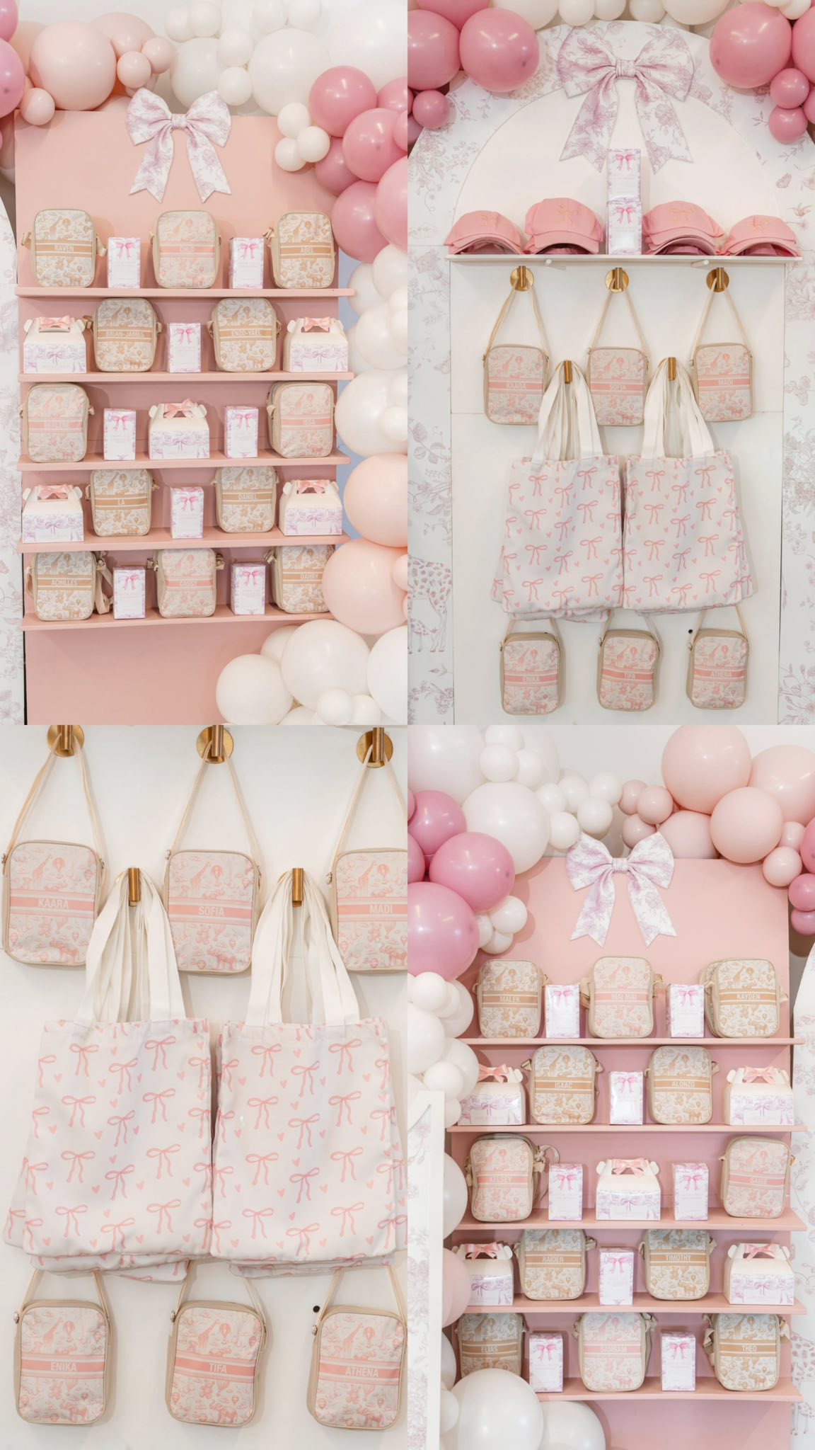 Display shelves and wall hooks featuring personalized pastel pink and beige baby gift bags, totes, and caps