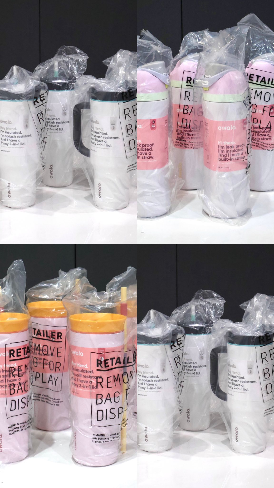 Several Owala insulated tumblers and water bottles wrapped in protective display packaging