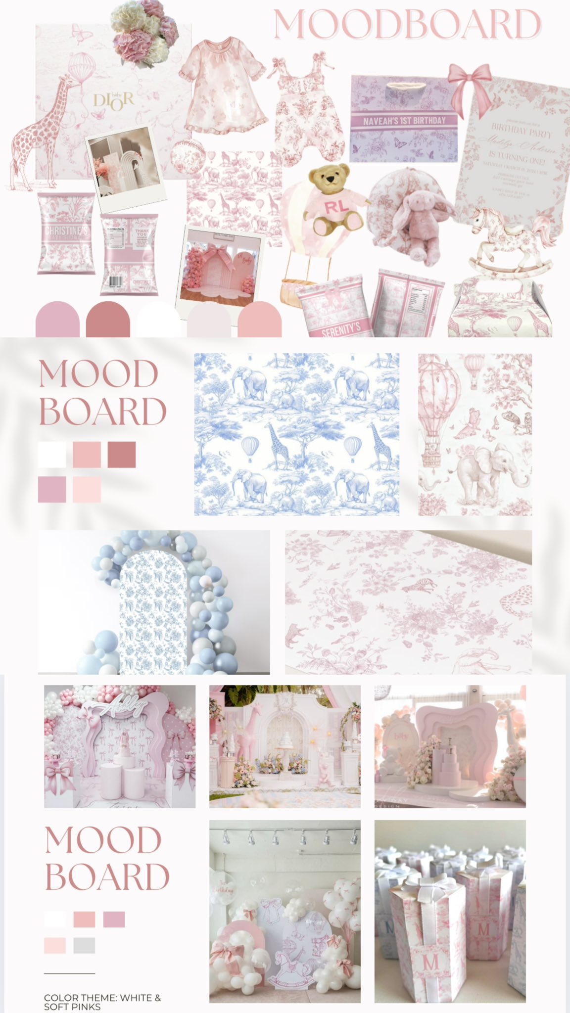 Mood board showing pink and blue toile-themed party decorations, including floral patterns, party favors, and table setups.