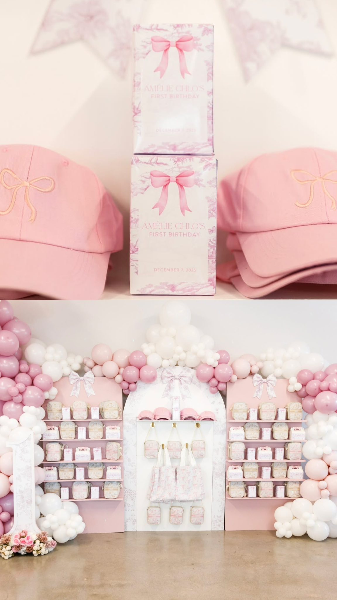 Customized pink display boxes and baseball caps for Amélie Chlo's first birthday party decor