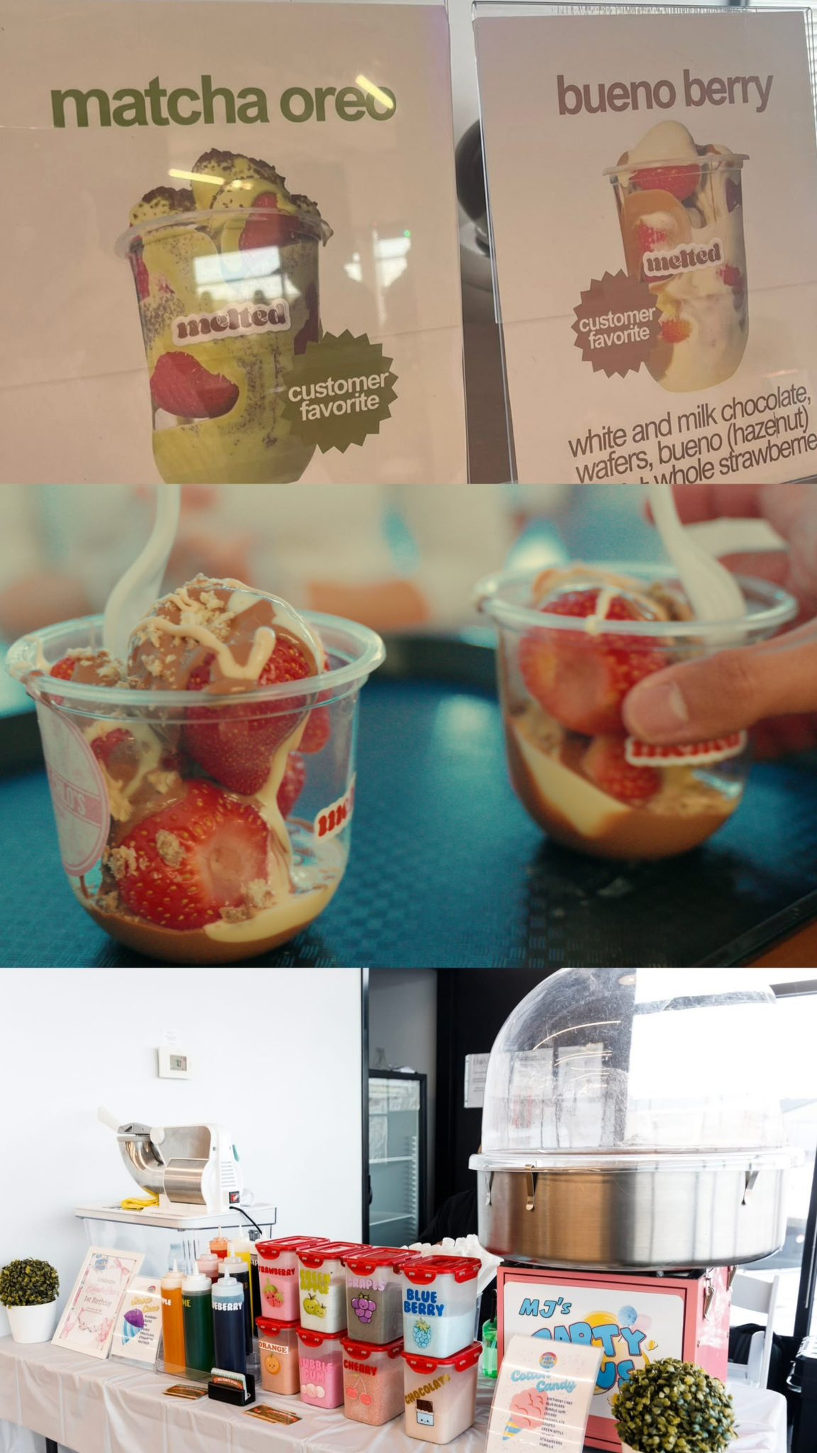 Display board showing Matcha Oreo and Bueno Berry dessert cups alongside prepared dessert cups and a cotton candy machine
