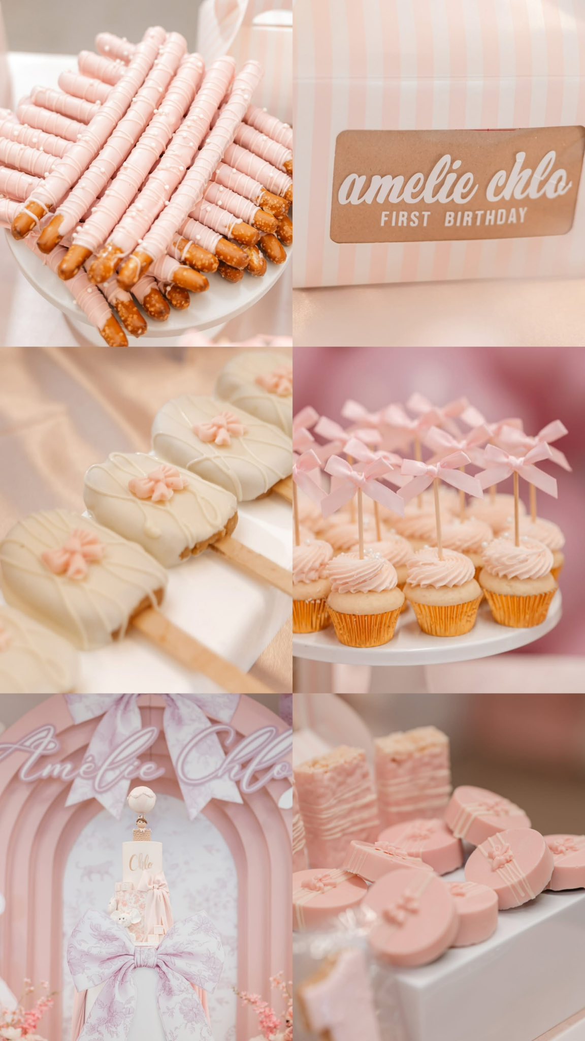Table display featuring pink and white themed desserts including iced pretzels, cake pops, cupcakes with bows, and personalized birthday favors.
