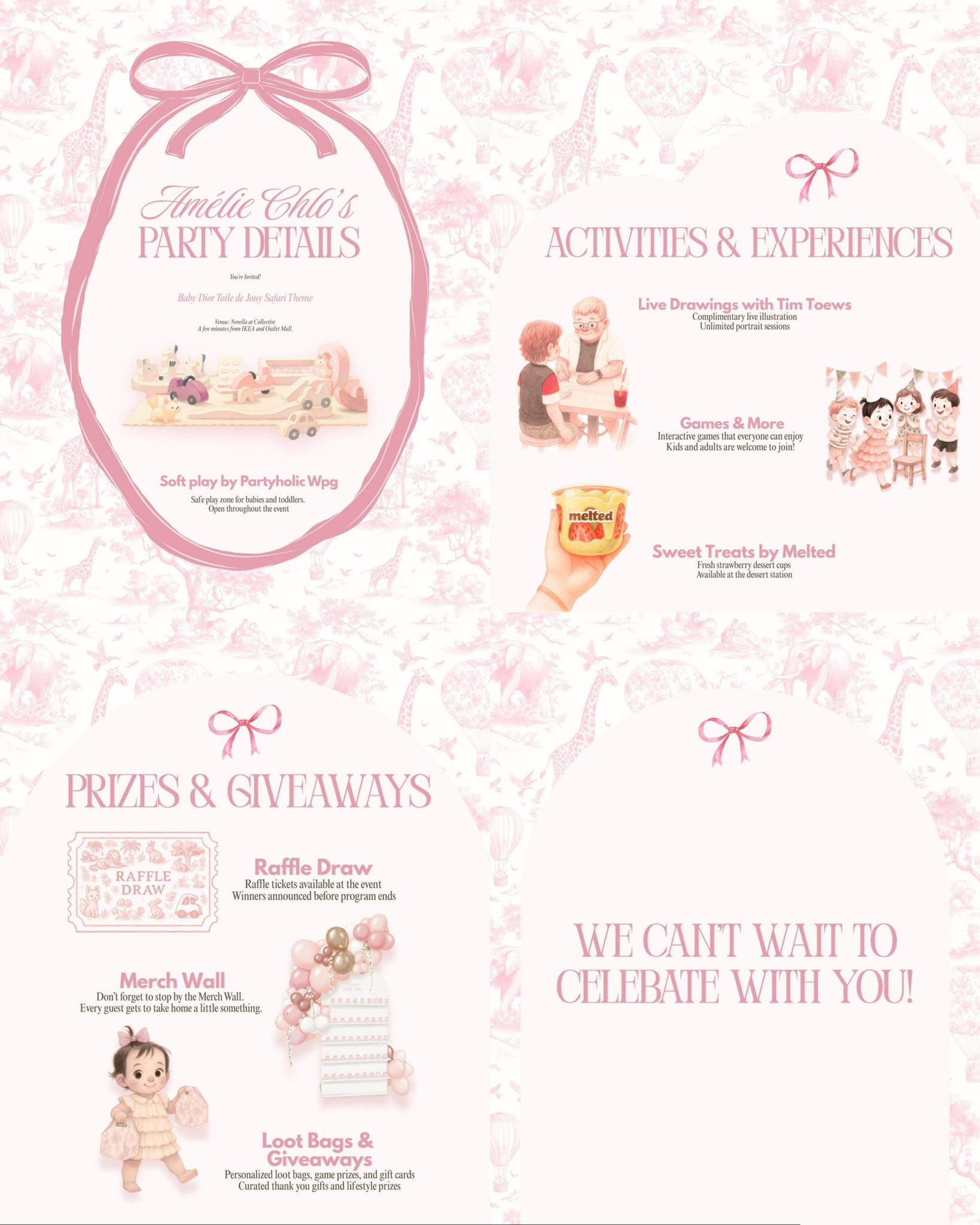 Event invitation details for Amélie Chlo's party featuring activities, prizes, and giveaways.