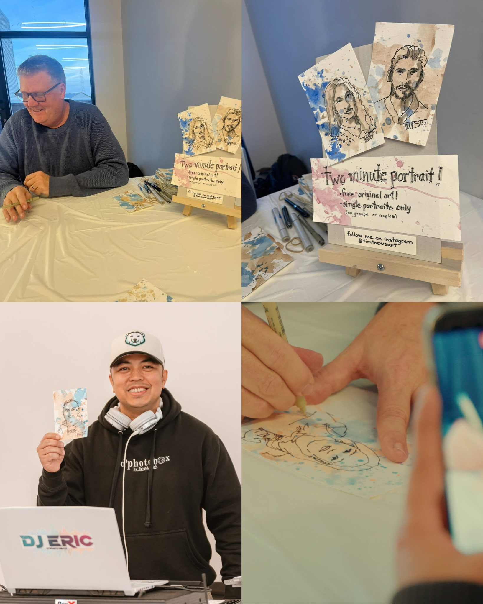 Artist drawing live two-minute portraits at an event with examples displayed on a stand.