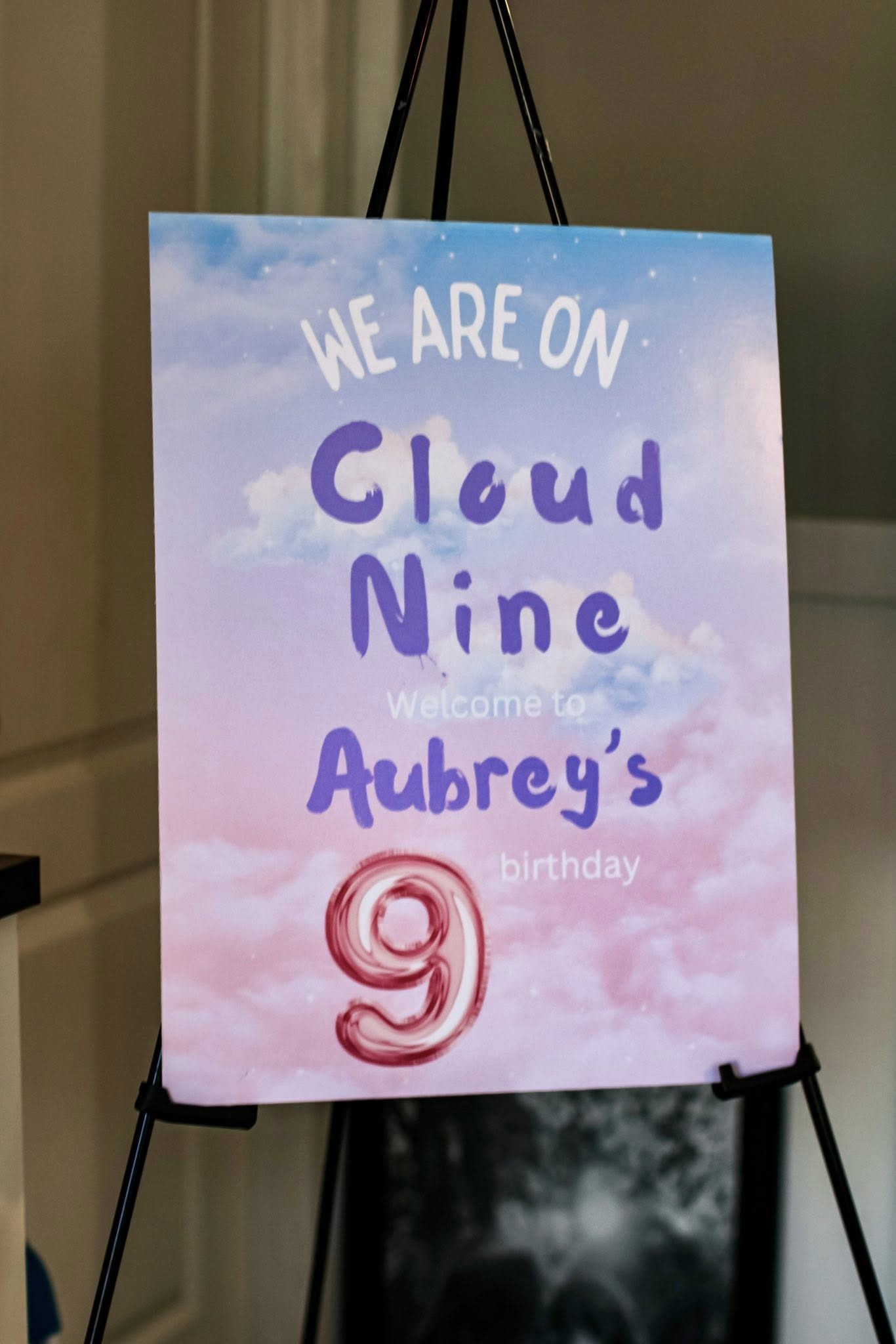 Cloud themed welcome sign for Aubrey's 9th birthday party displayed on an easel