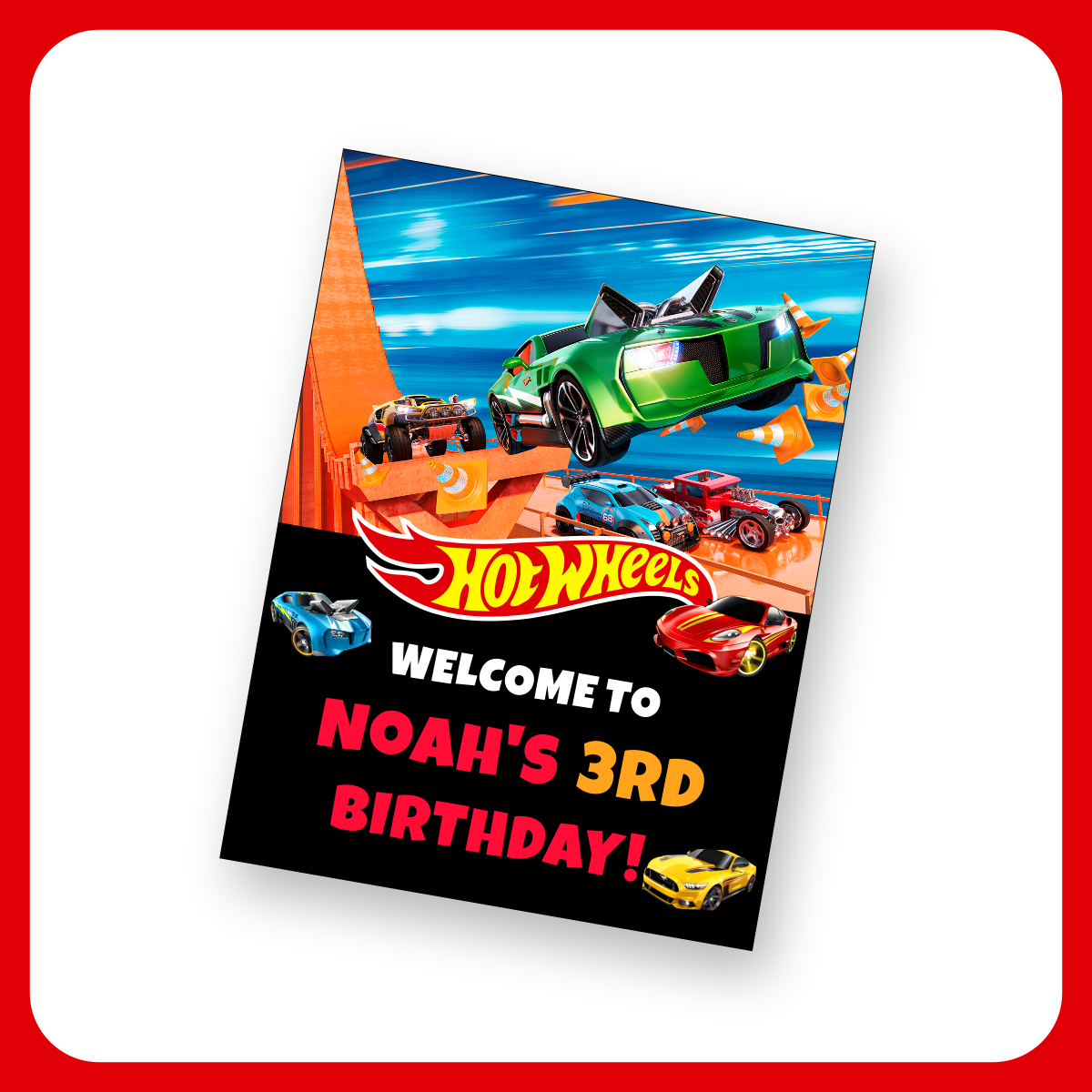 Printable Hot Wheels Birthday Welcome Sign_main image.png Printable Hot Wheels Birthday Welcome Sign - Digital Download - Custom Race Car Party Entrance Poster