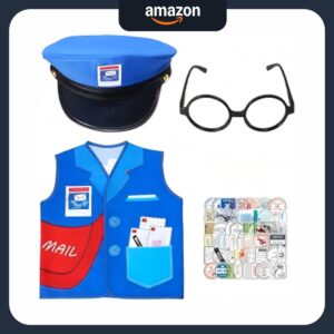 Mailman-Costume_main-image.jpg Keymall Mailman Costume With Postman Hat Mail Carrier Vest Postmark Sticker Glasses For Pretend Play Halloween Postal Costume