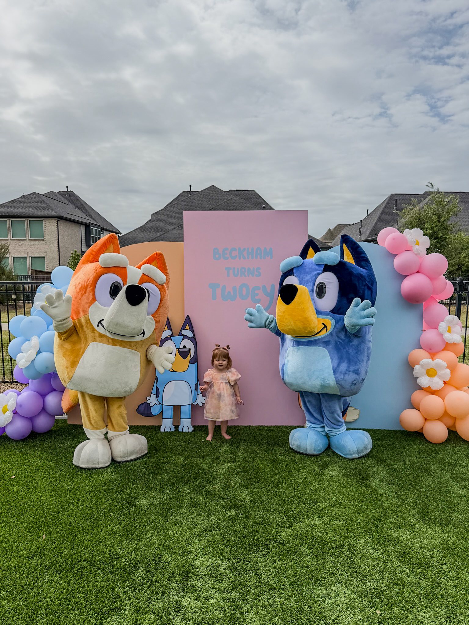 Toddler pose with Bluey and Bingo character mascots at a second birthday party event with balloons.