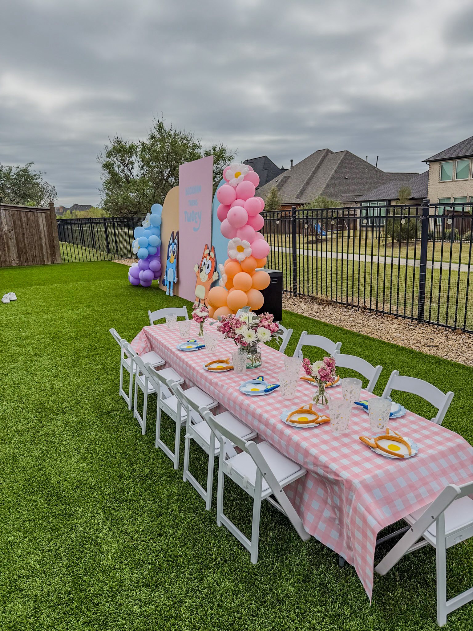 Bluey-themed outdoor party setup with a pink gingham tablecloth, white chairs, and balloon arches.