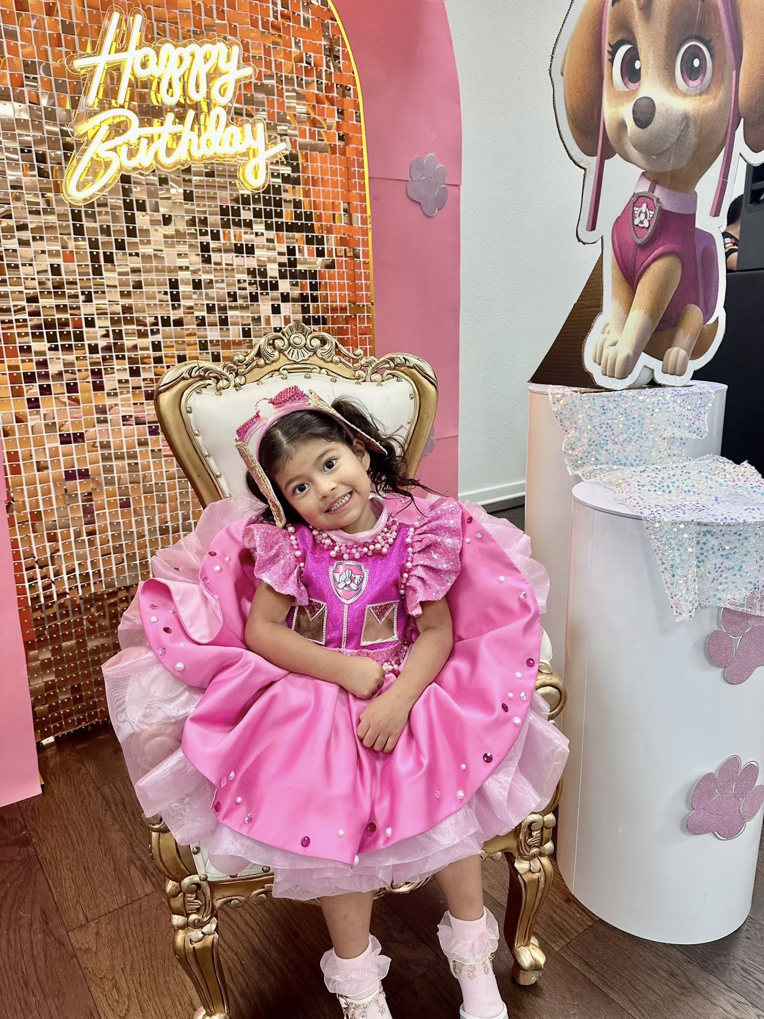Young girl smiling in a pink Paw Patrol Skye birthday dress sitting on an ornate gold throne chair.
