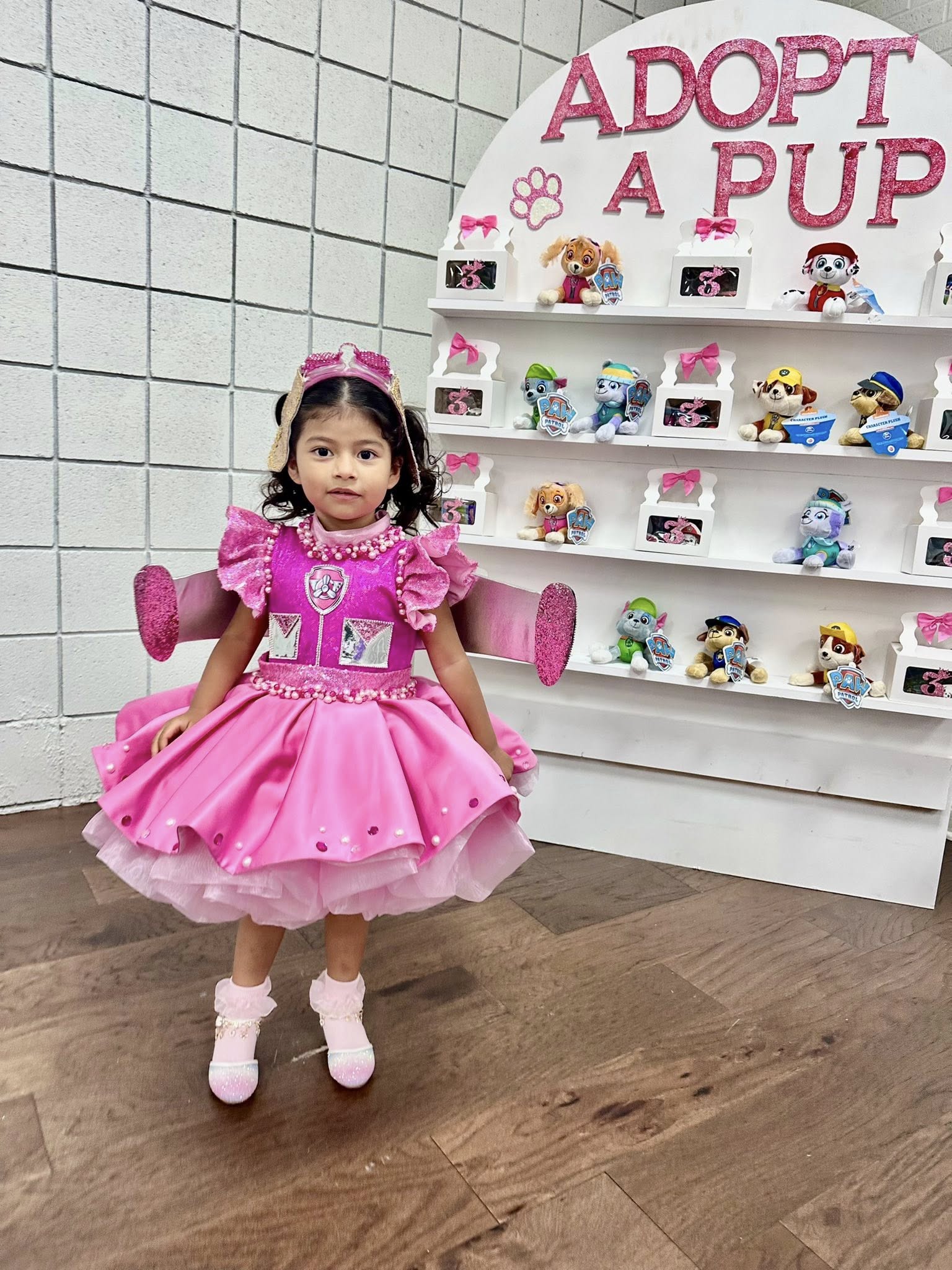 Young girl in a pink Skye Paw Patrol costume standing in front of an Adopt a Pup display shelf with stuffed dogs.