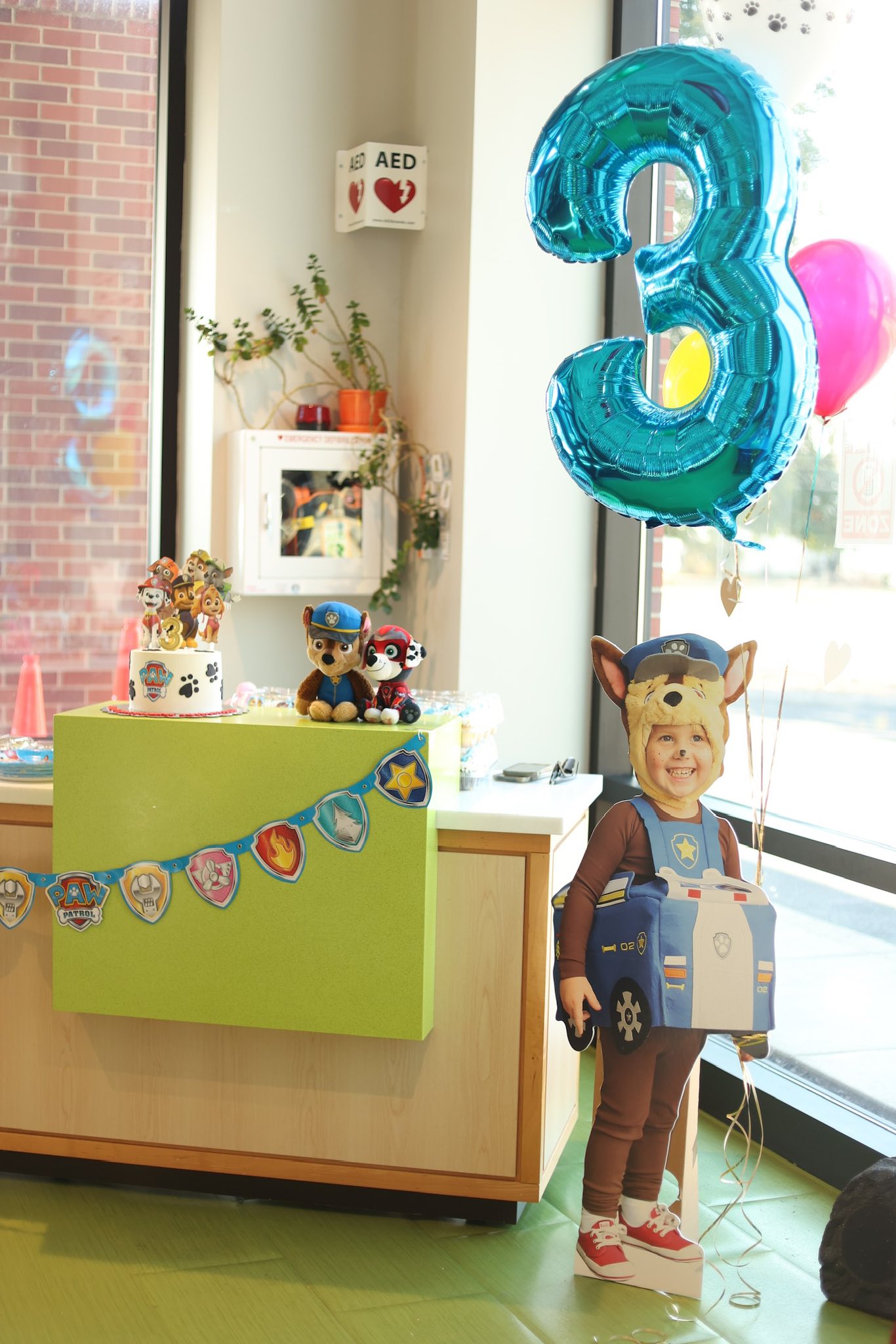 Child dressed as Chase from Paw Patrol beside a birthday party display with Paw Patrol cake and decor.