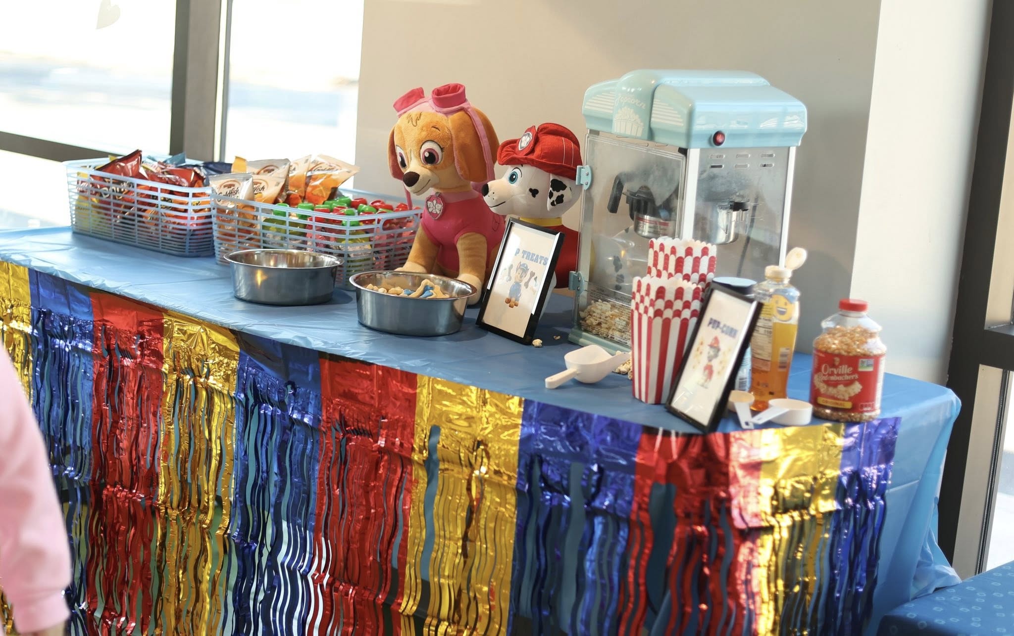 Paw Patrol themed snack station with plush characters, popcorn maker, and party treats.